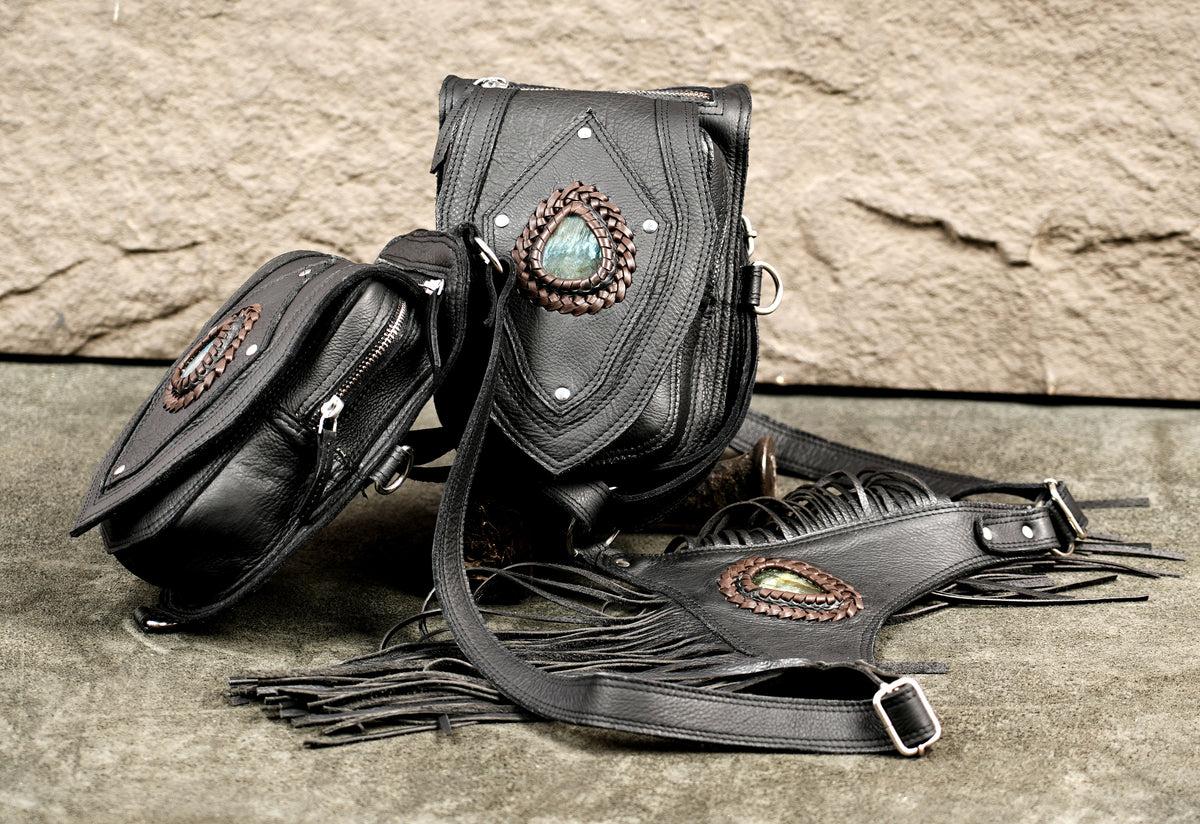 Fringe chest harness with labradorite cabochon for festival and desert wear