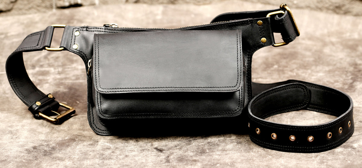 Handmade leather waist pack with practical front pocket