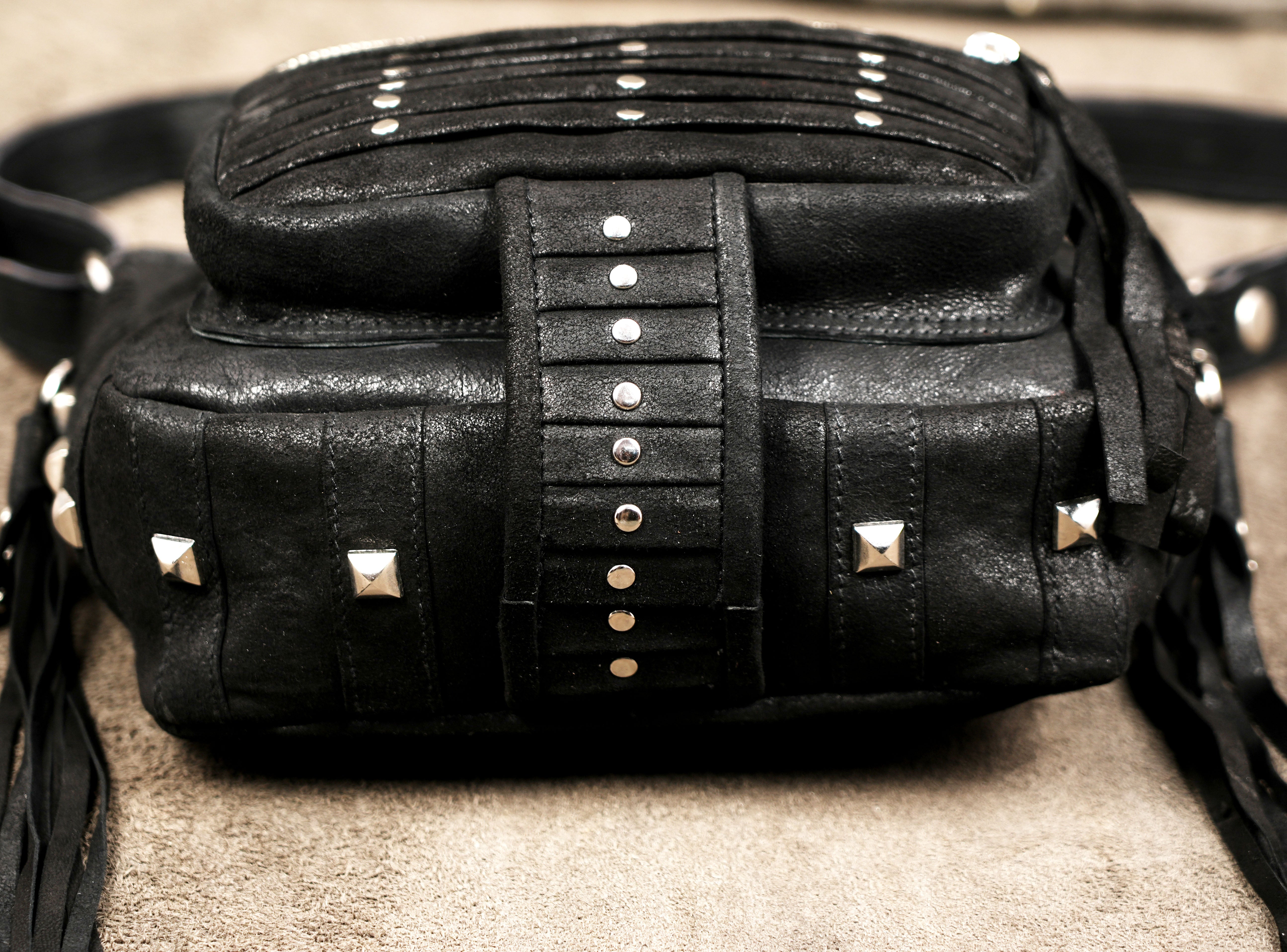 Handmade Black Leather Fringe Crossbody Bag with Silver Studs – Boho Suede Shoulder Bag with Tassels, Punk Festival Purse