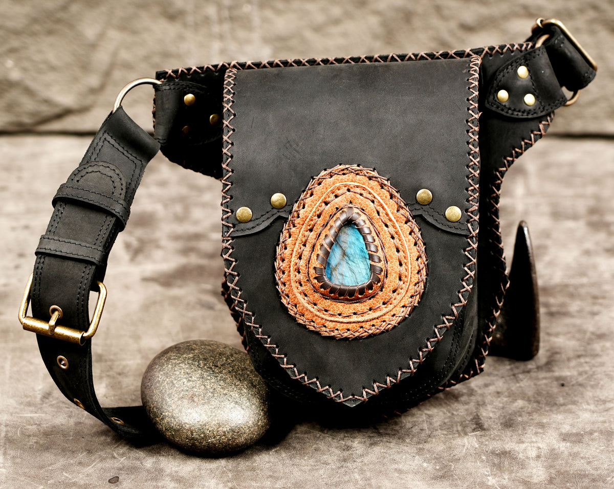 Leather western hip pouch with natural stone accent