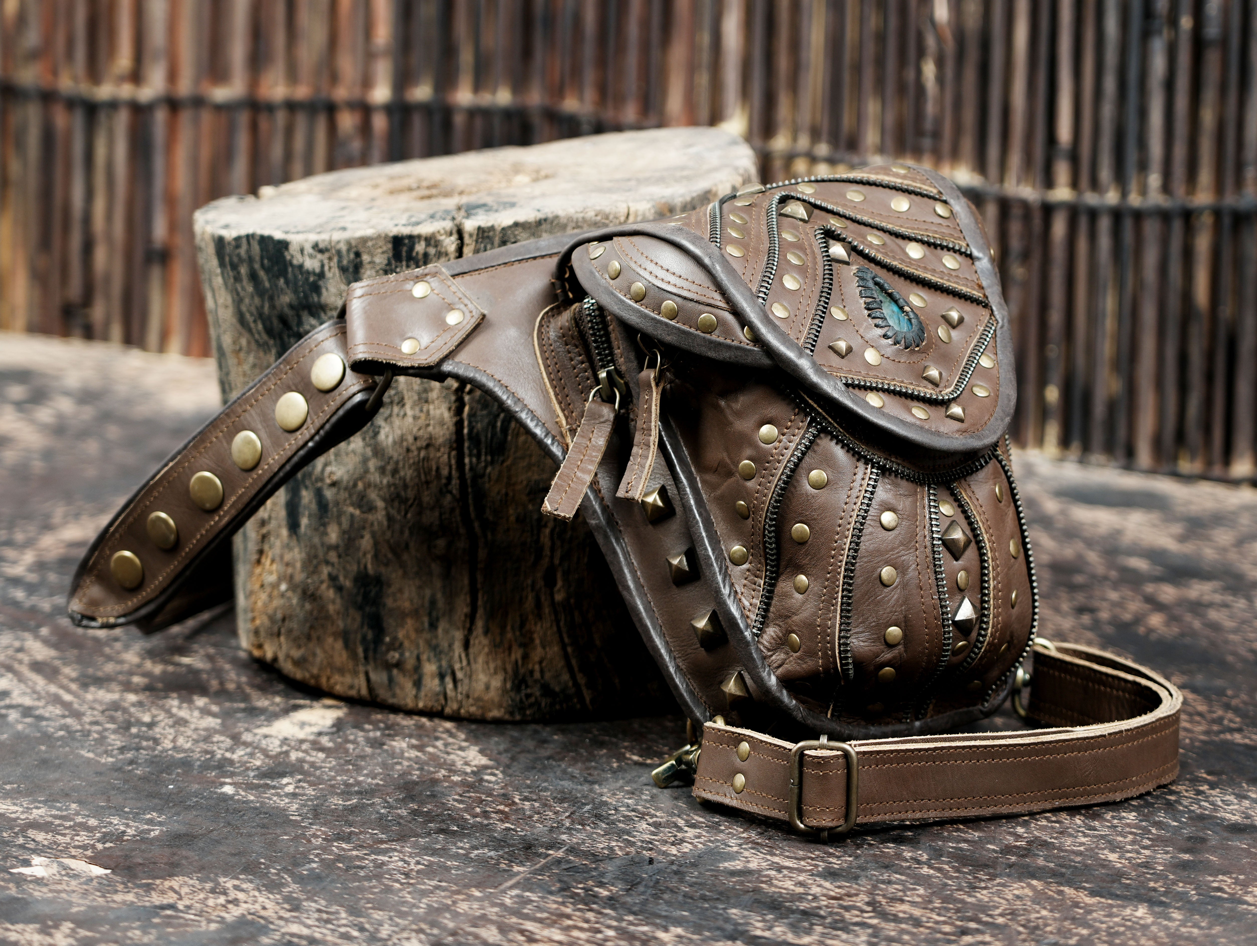 Studded leather waist thigh belt with stone detail