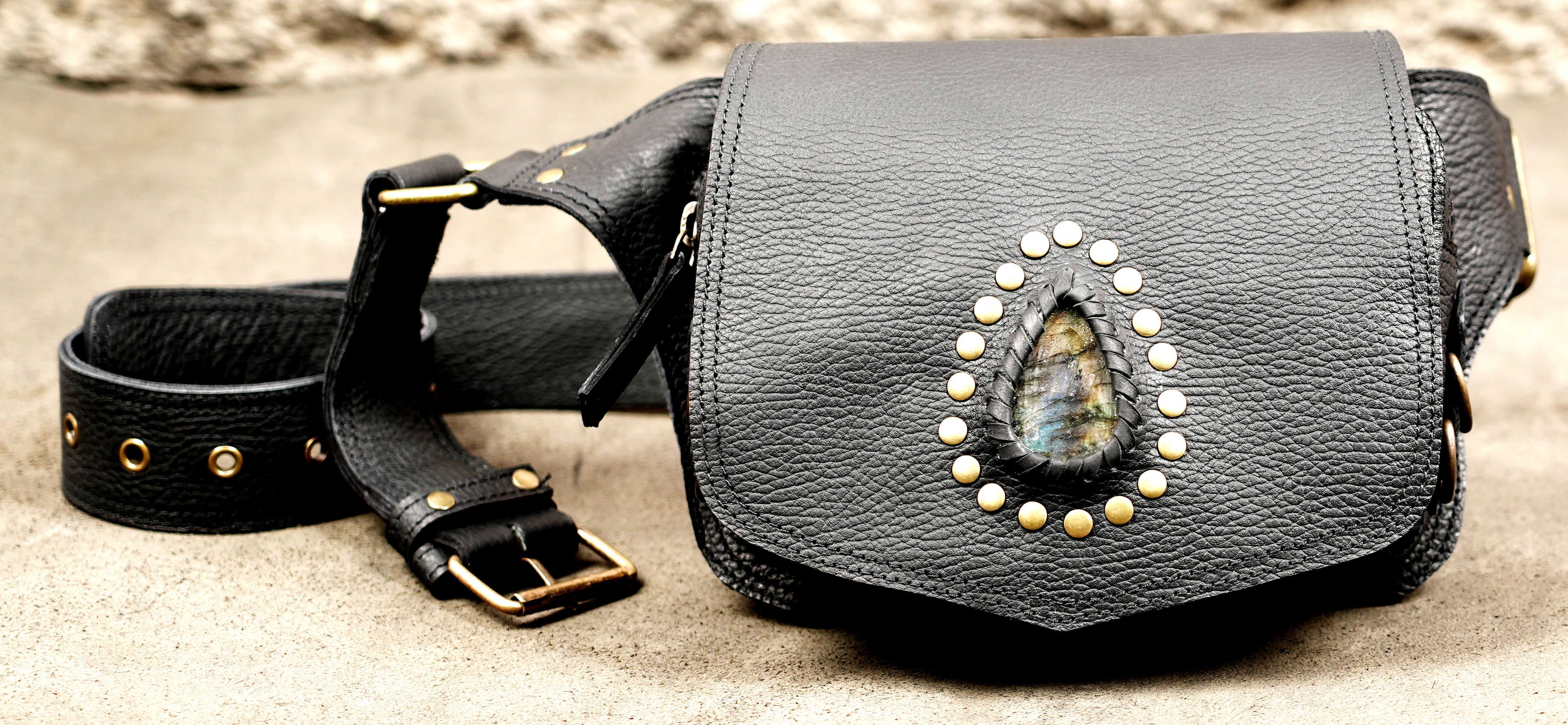 Boho Leather Hip Bag with Antique Brass Hardware