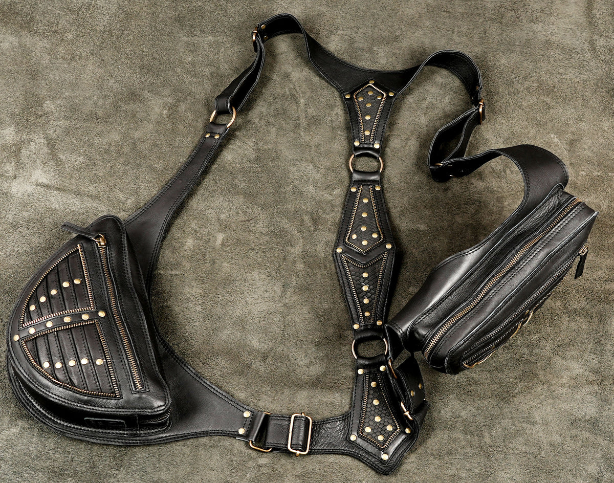 Studded leather chest harness bag with adjustable waist straps