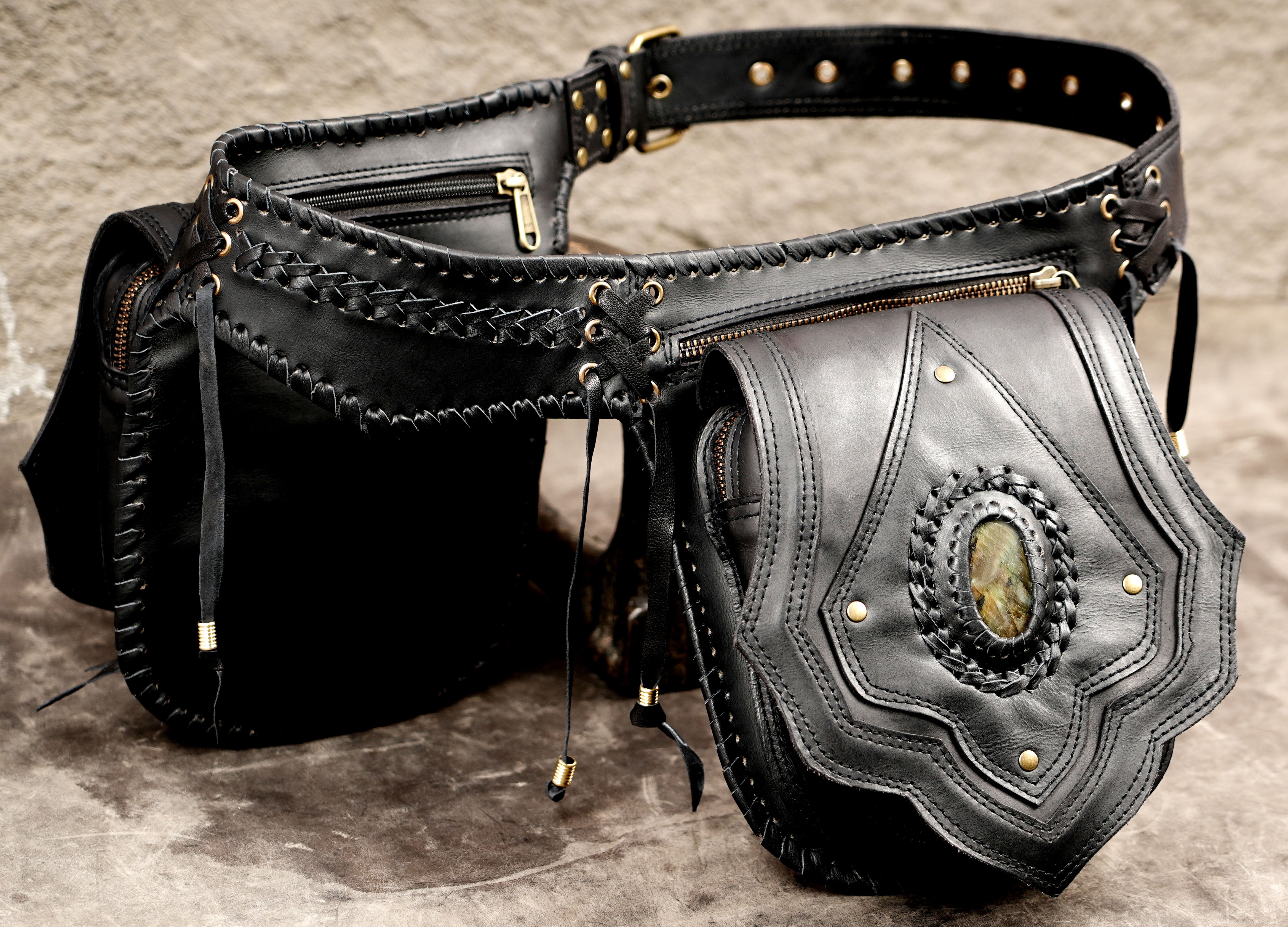 Handmade bohemian waist pouch with stone accents