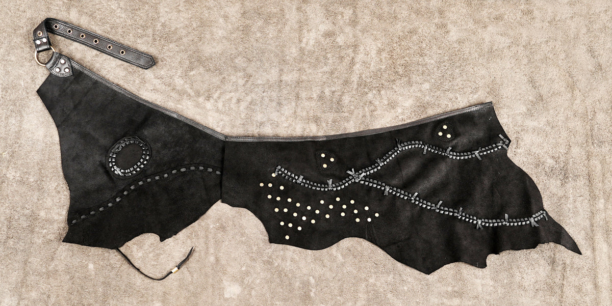 Steampunk festival skirt with decorative leatherwork and stud accents