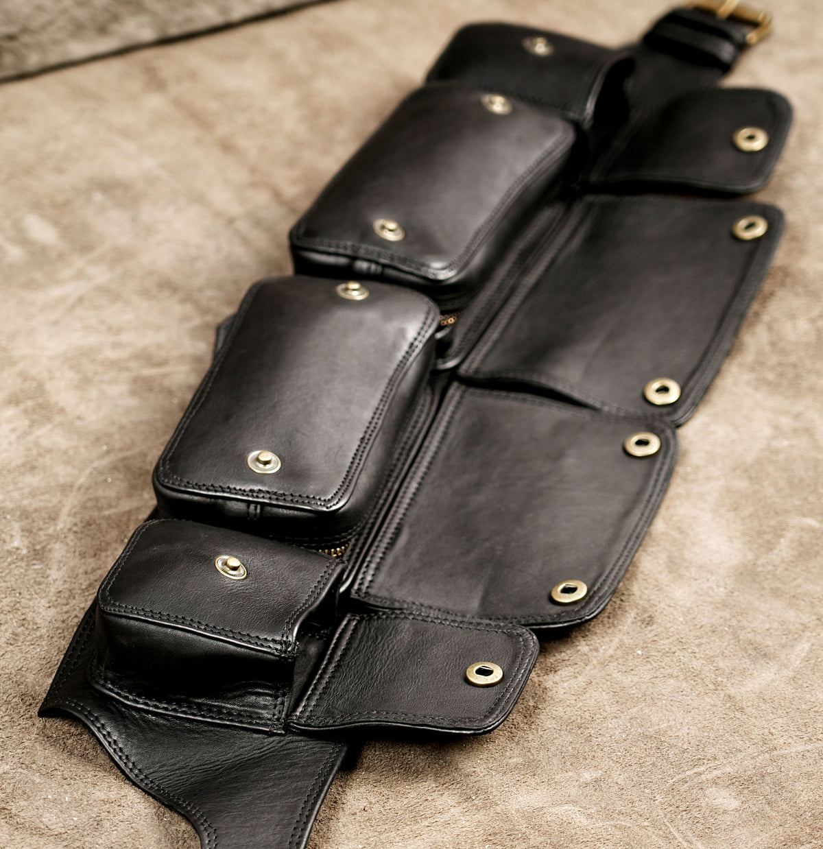 Black leather festival pouch and multi-pocket waist belt