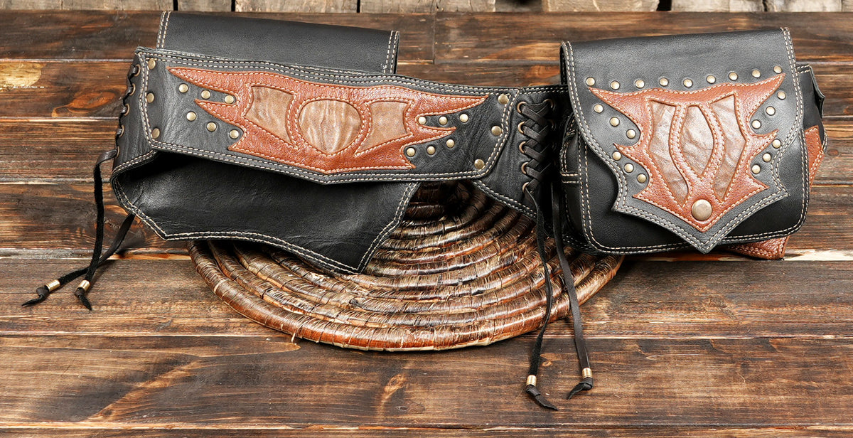 Black leather biker utility belt with brown leather accents and two practical side bags
