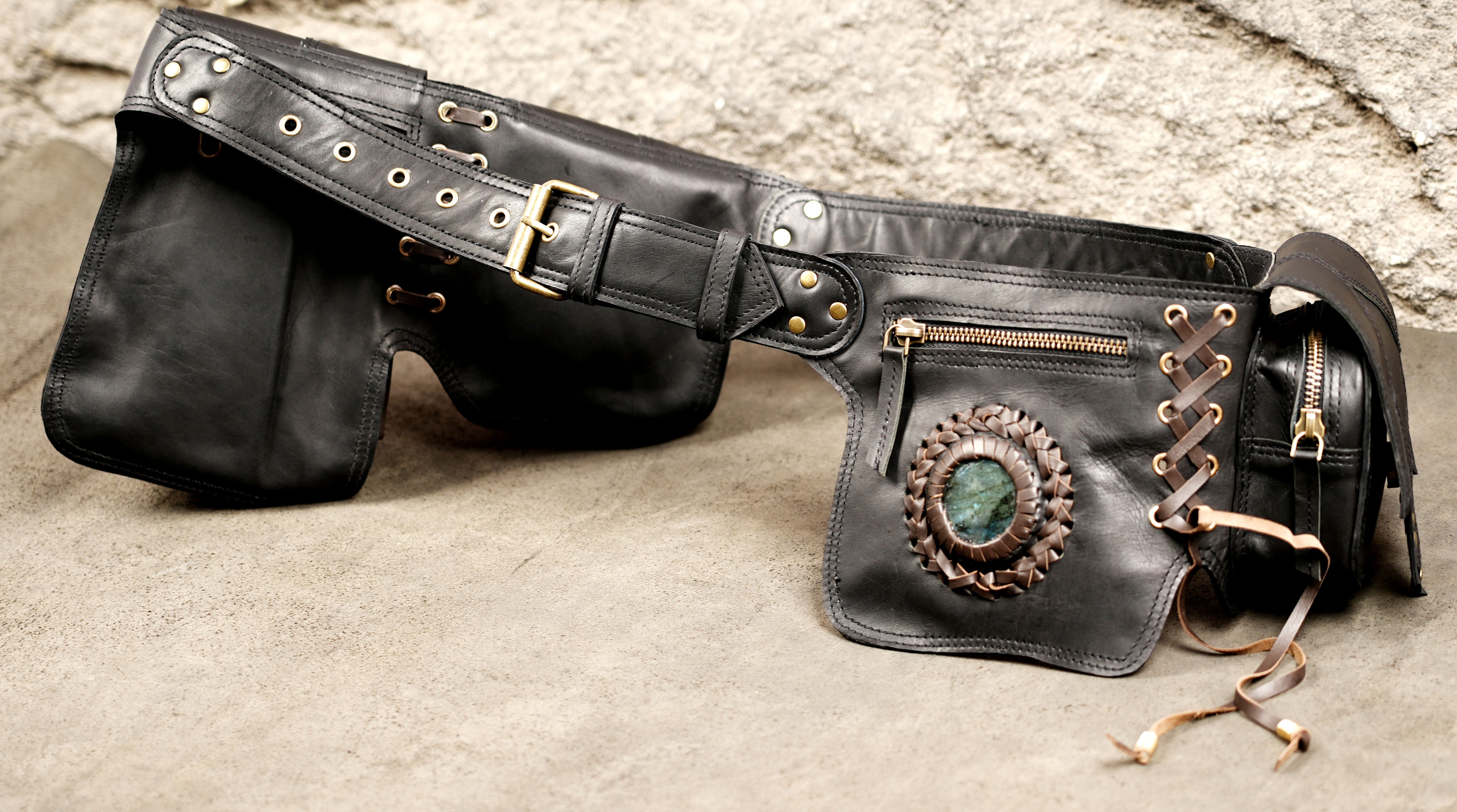 Artisan leather waist pouch belt with decorative stitching