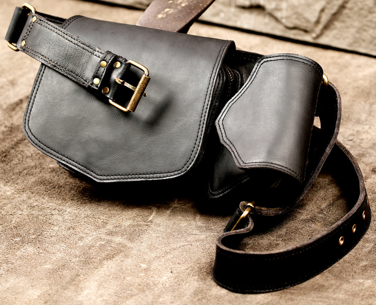 Black leather steampunk utility belt with detachable pouches