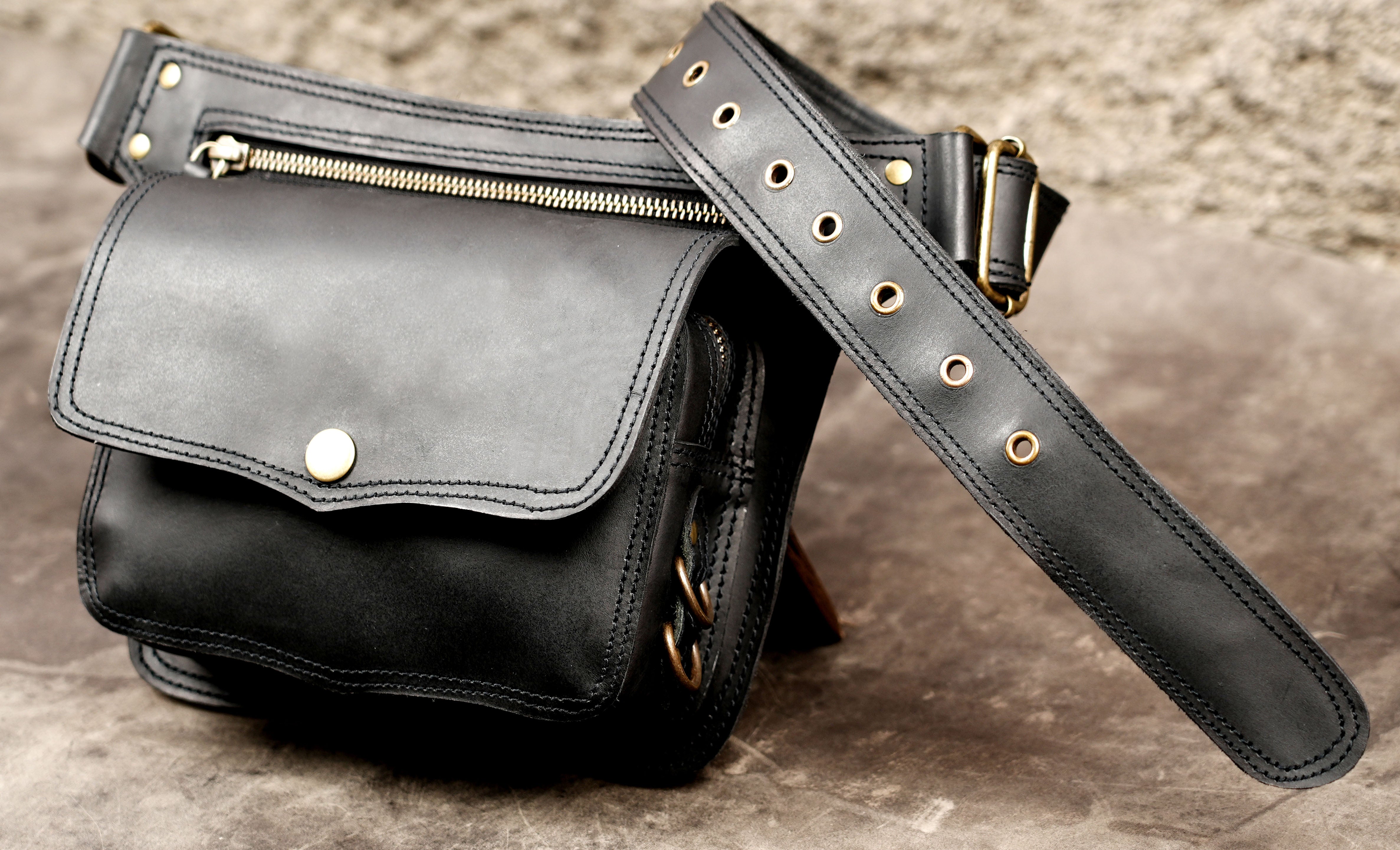 Handmade black leather fanny pack