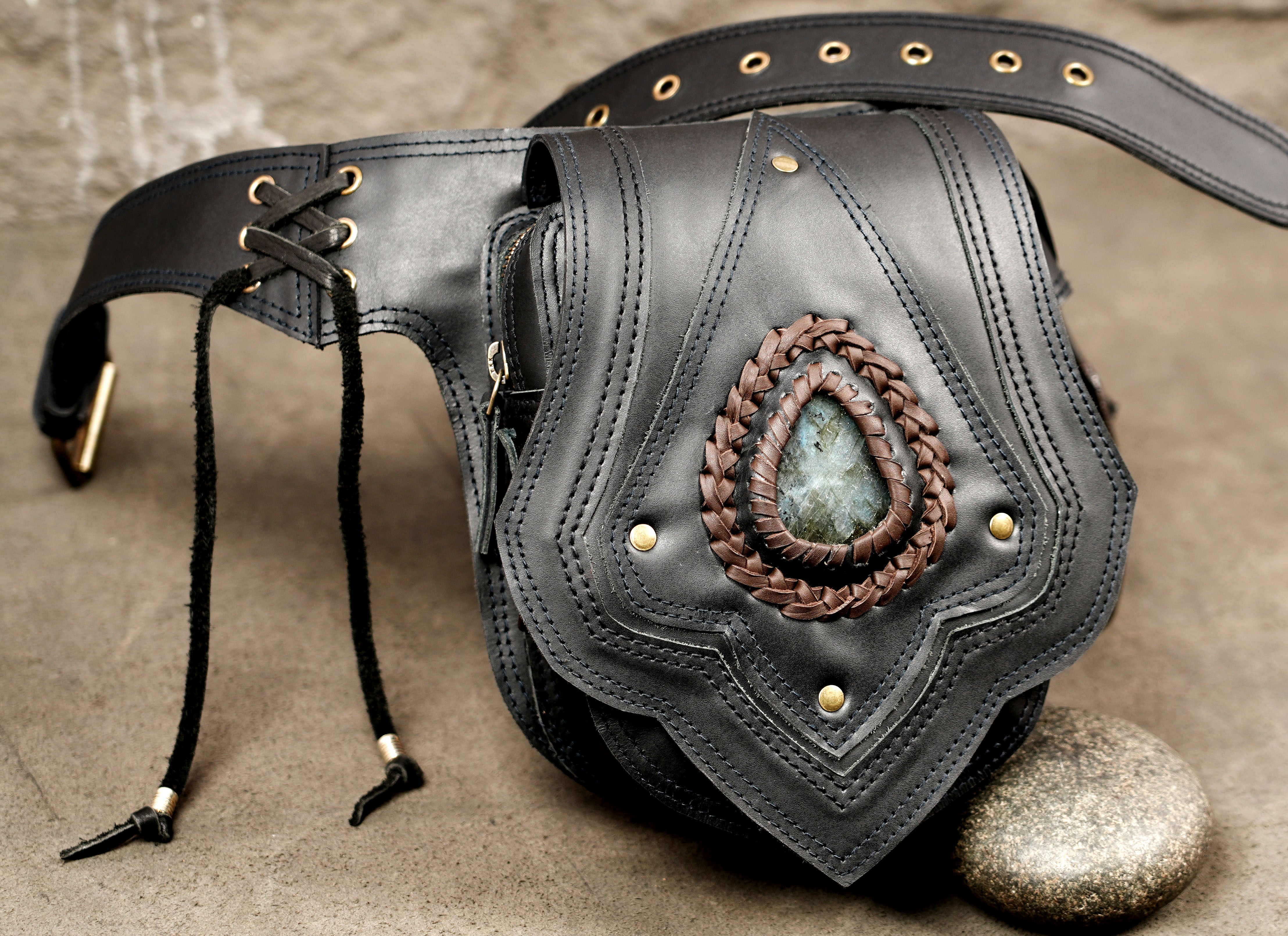Handmade leather festival belt with braided stone decoration