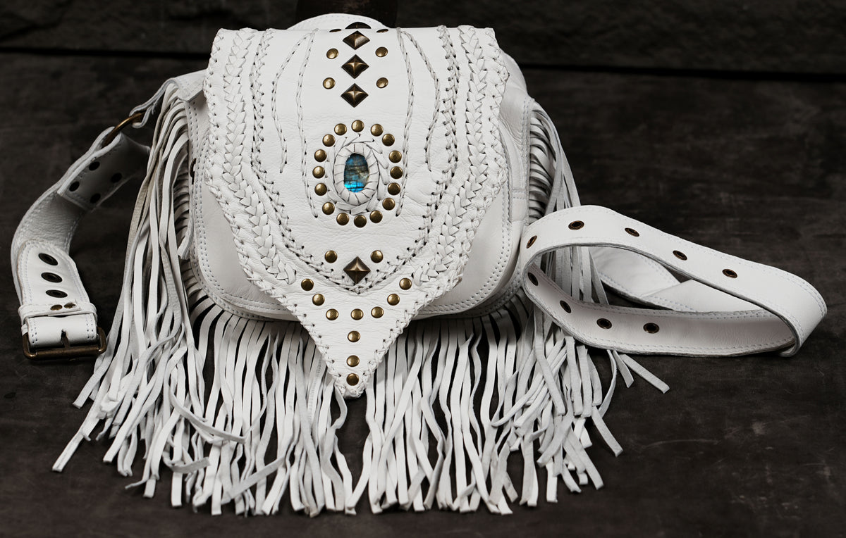 Bohemian white leather belt purse with fringe and silver studs