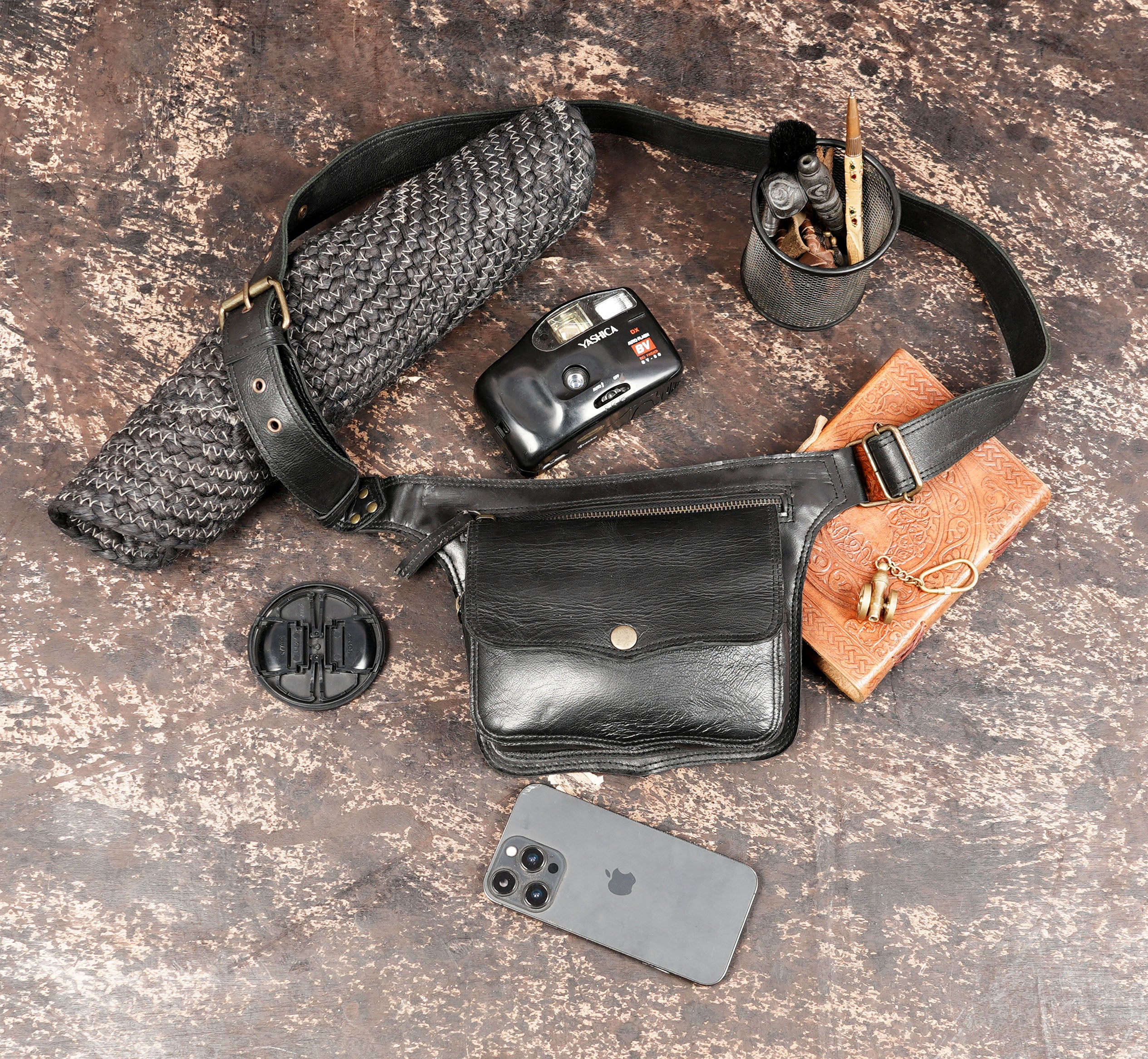 Leather waist belt with snap button pocket and metal buckle