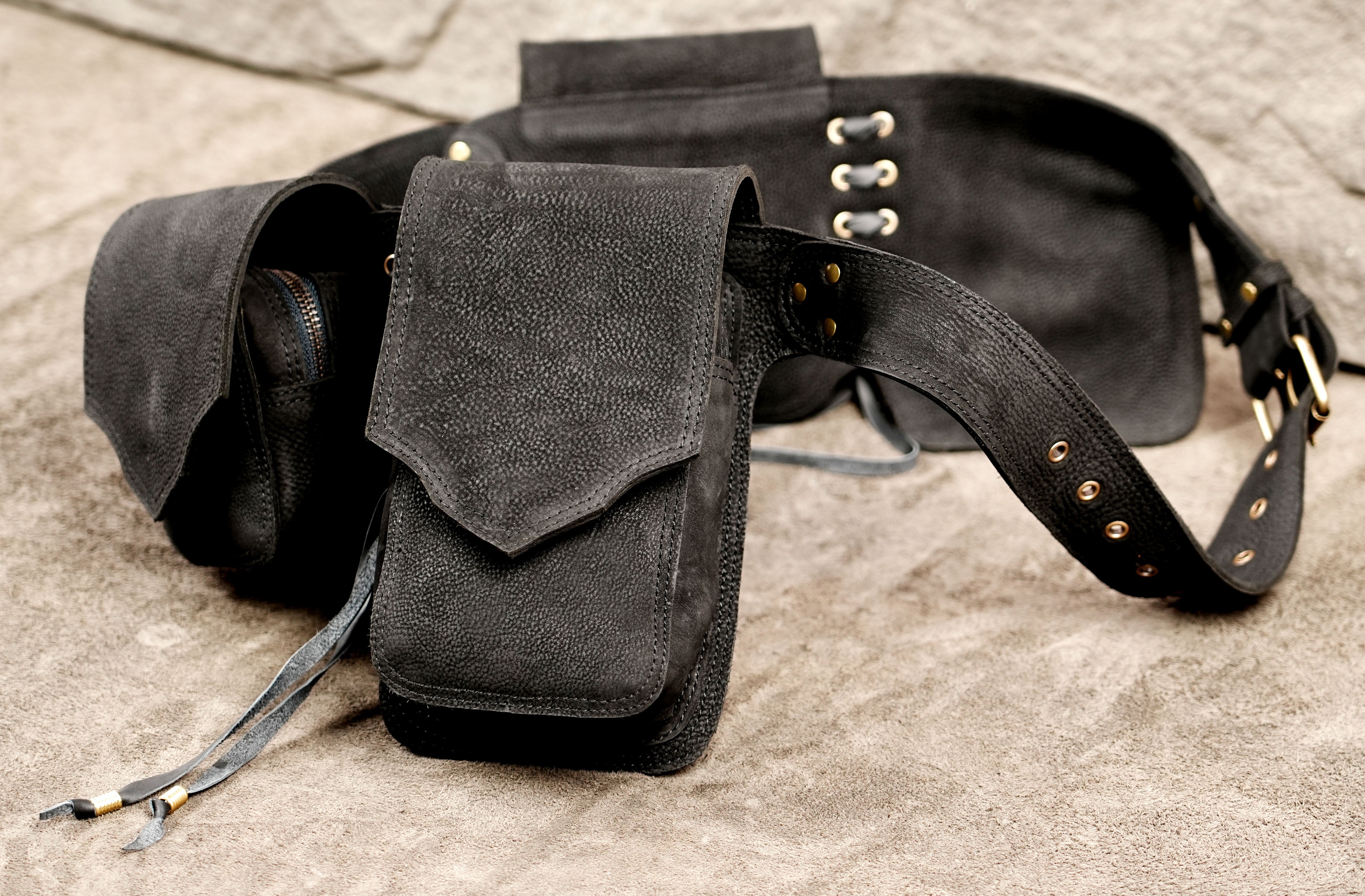 Handmade leather ranger belt with utility pockets