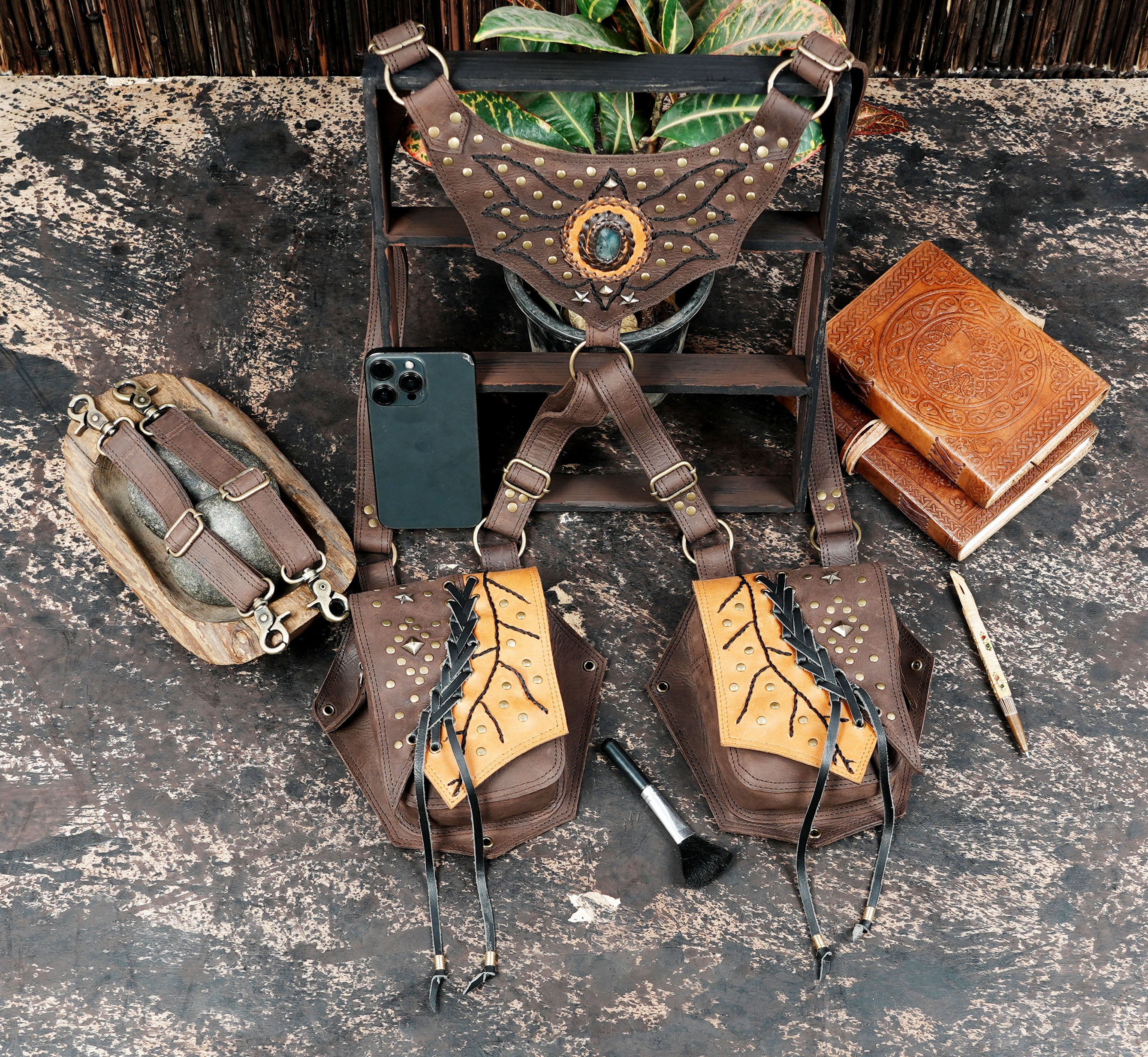 Handmade leather shoulder holster with dual pouches || Tribal leather chest rig with stud work || Travel leather utility shoulder rig (LT/AB/HLS/6060)