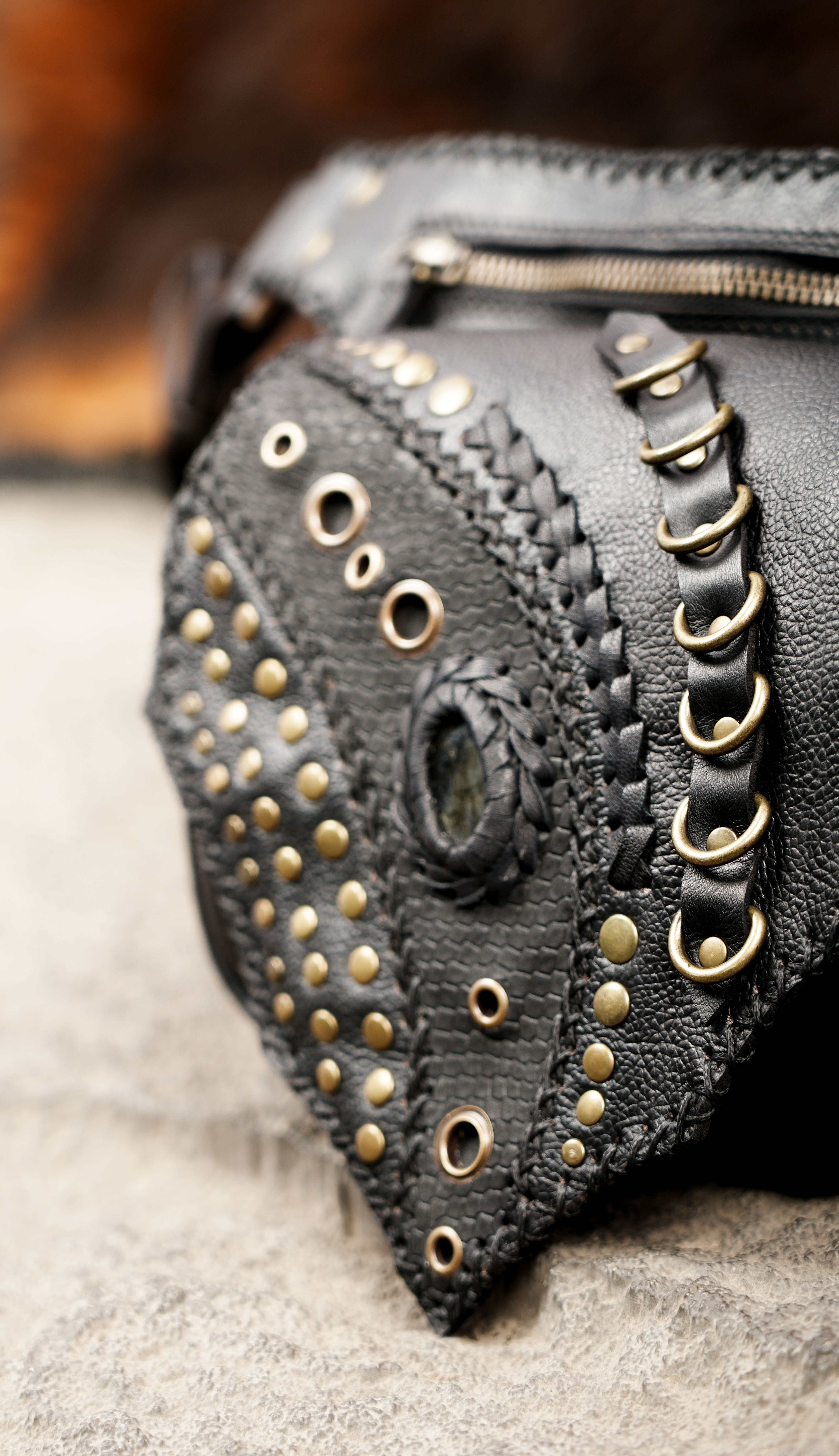 Handmade leather festival belt bag with zipper pocket design