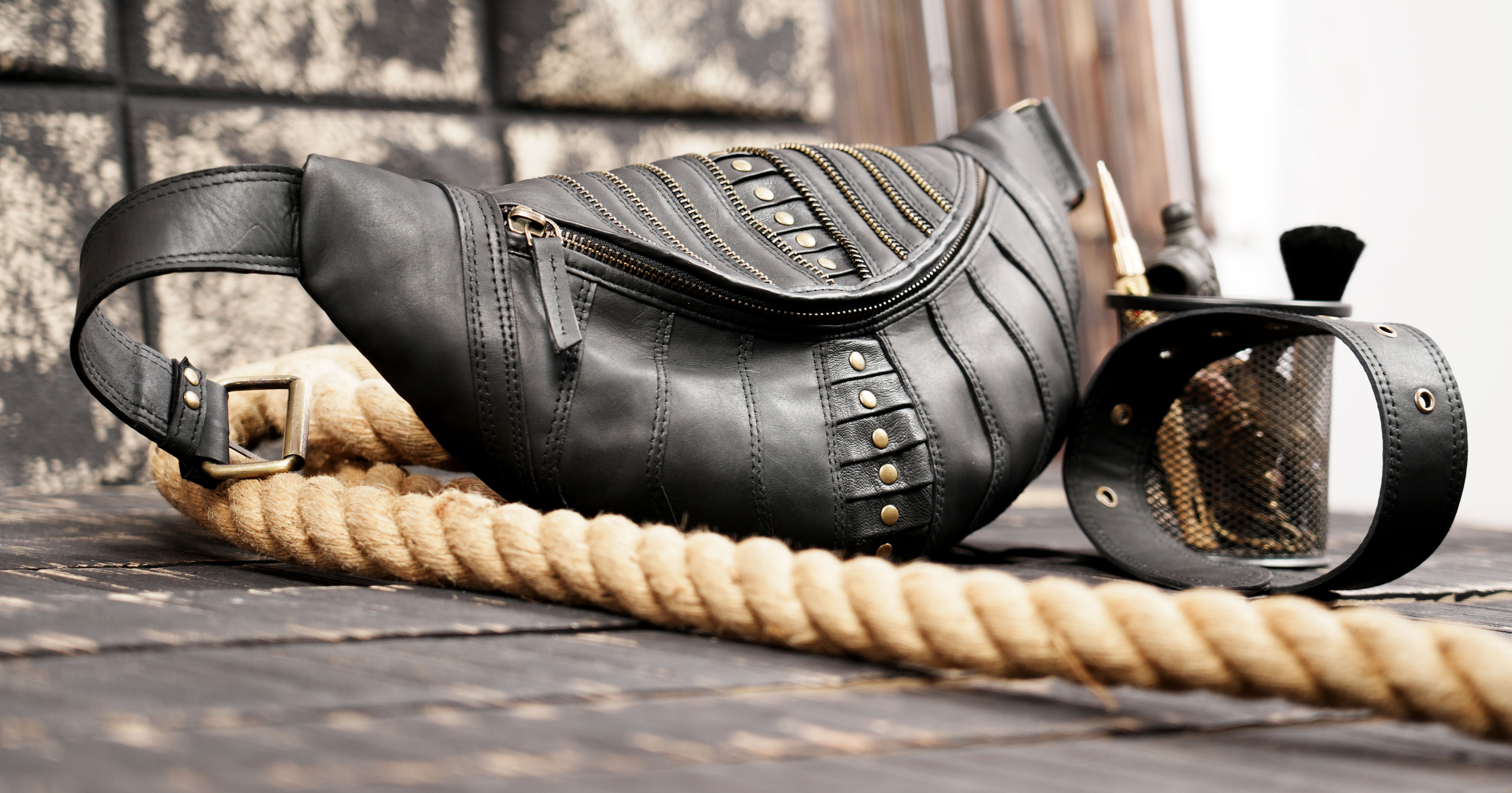 Handmade Black Leather Waist Shoulder Belt with Zipper Pouch || Leather Waist Shoulder Bag with Studded Detailing (LT/AB/SB/6011)