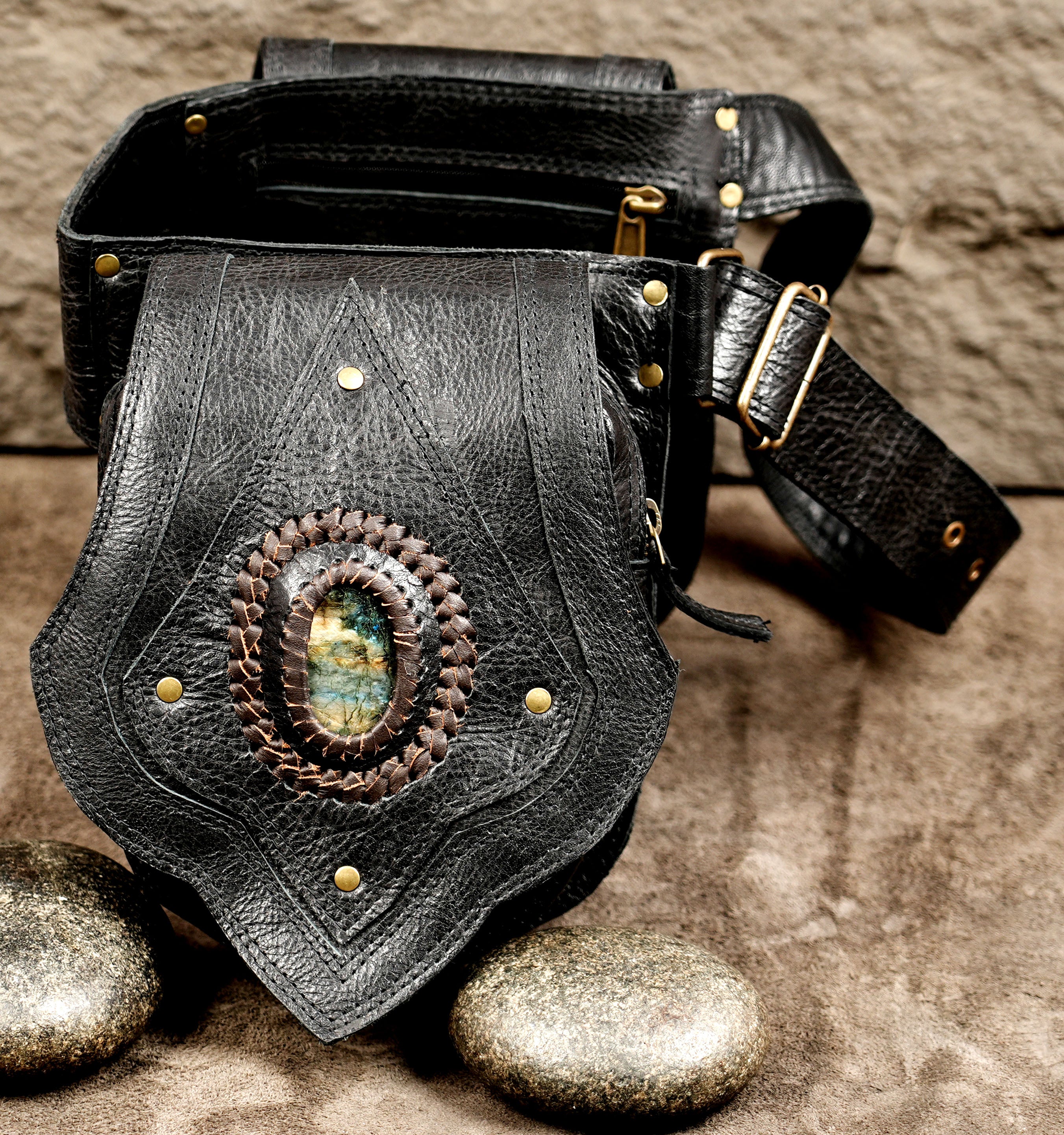 Gothic leather utility belt with stone medallion detail