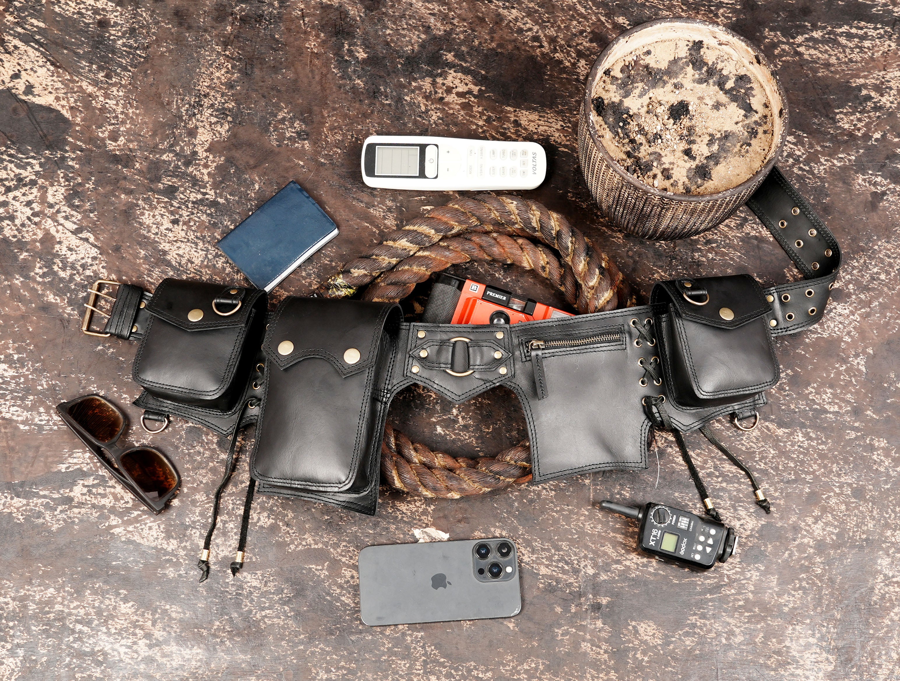 Leather utility waist bag close up