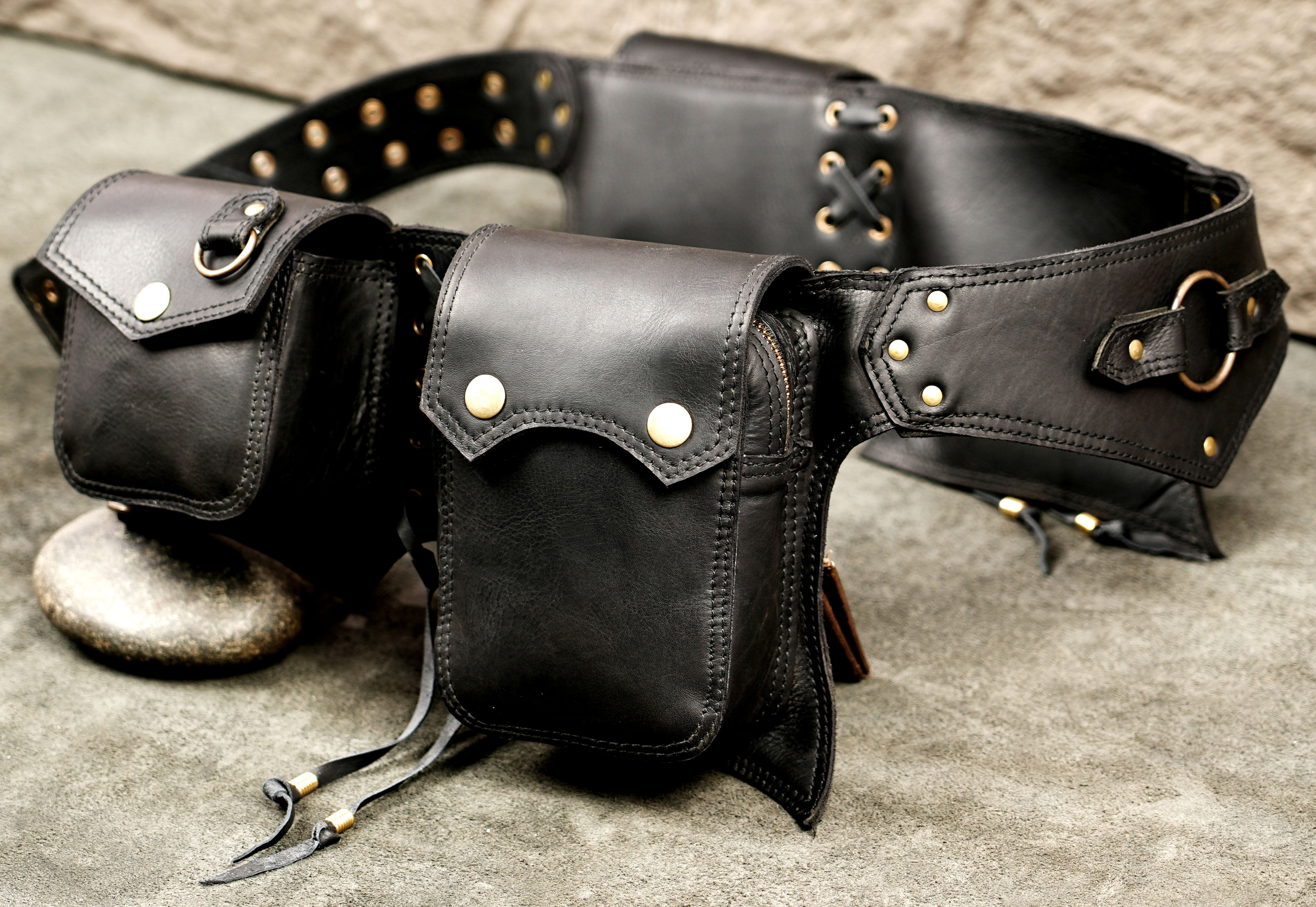 Leather festival belt with front pouch and hanging side bag