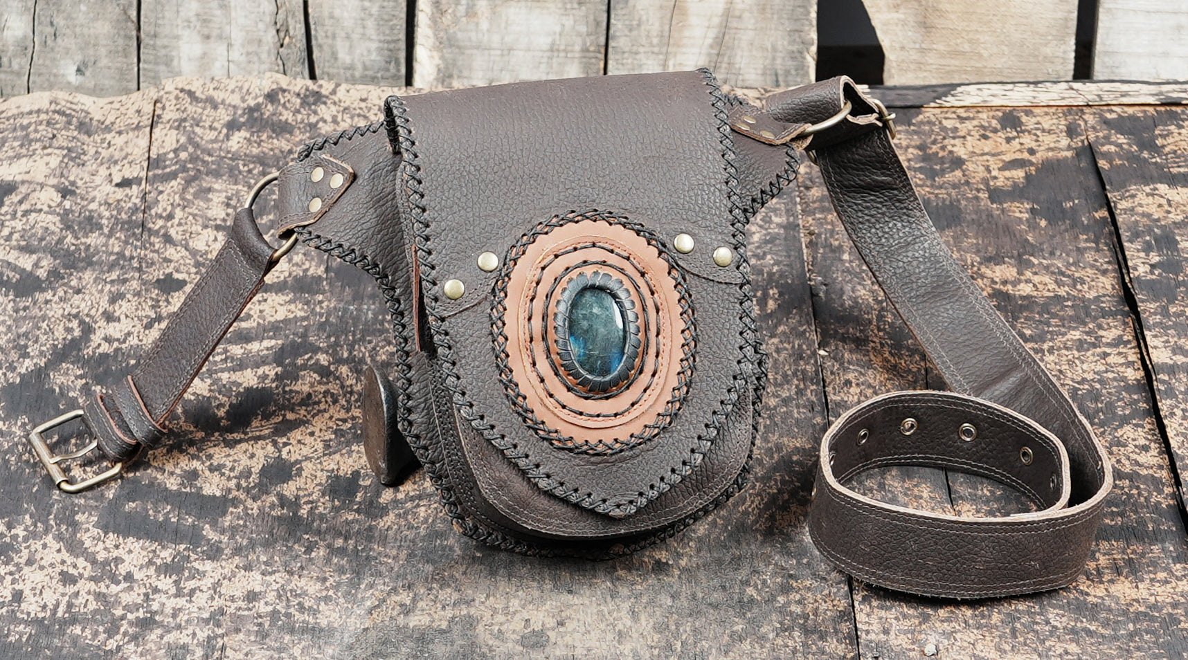 Handmade Leather Waist Belt with Front Pouch and Stone Detail || Leather Waist Belt Bag with Metal Hardware || Handmade Leather Waist Belt for Travel and Festivals (LT/AB/WB/6191)