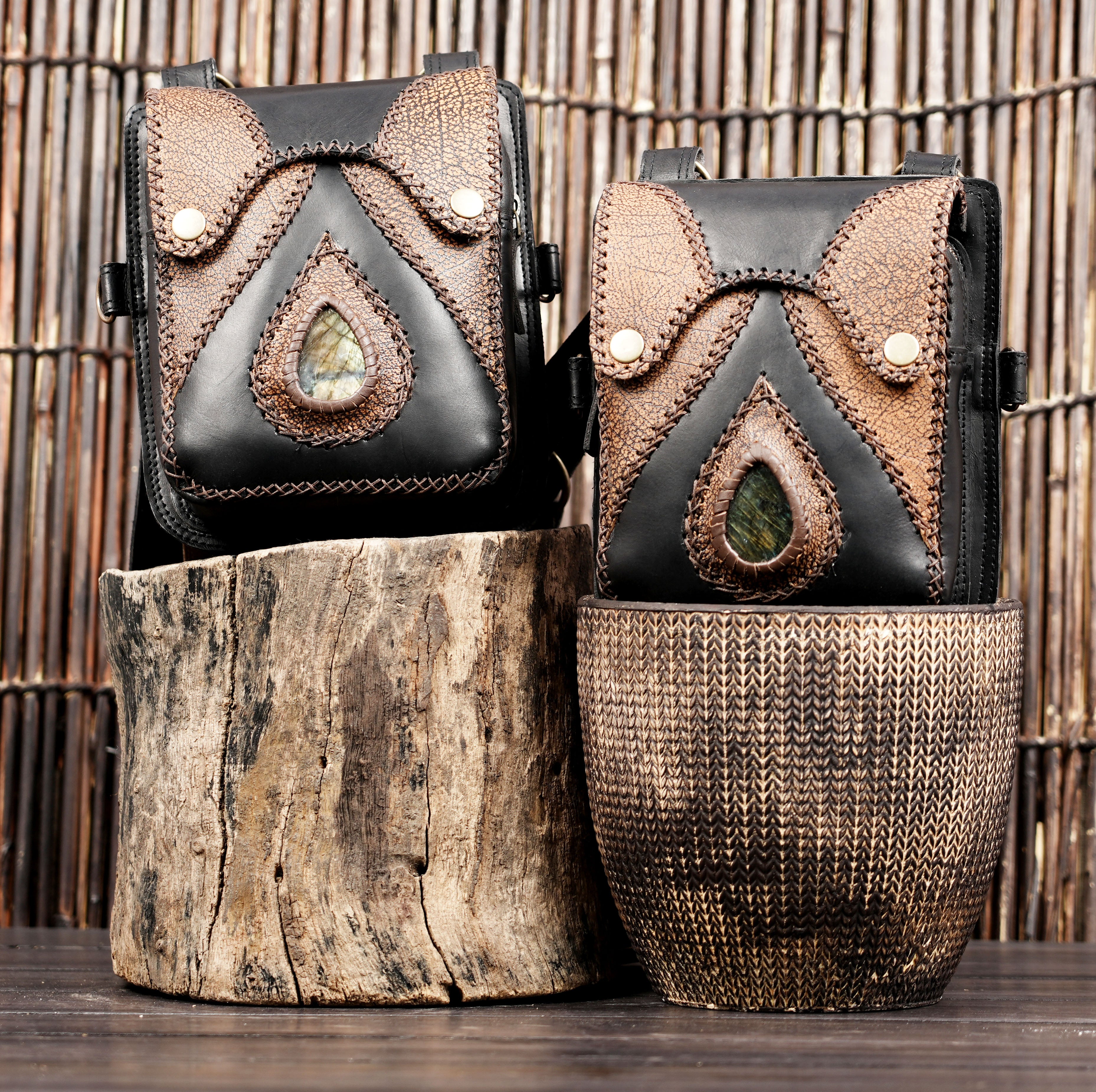 Artisan crafted leather holster with textured leather and stone accent
