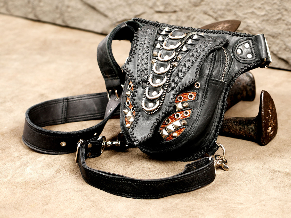 Steampunk leather belt pouch with silver rings and mesh inserts