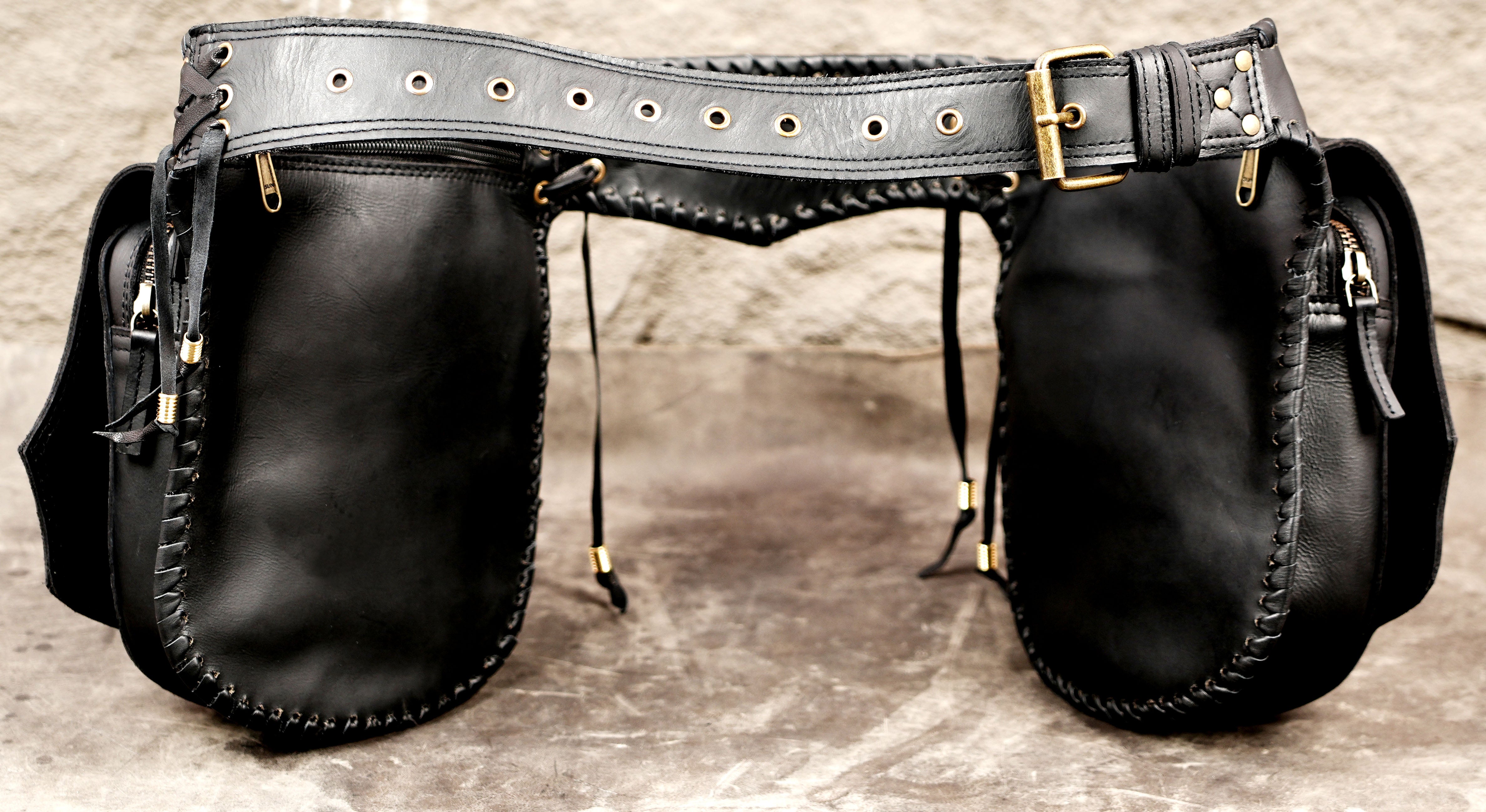 Rustic handmade leather belt with stone decoration