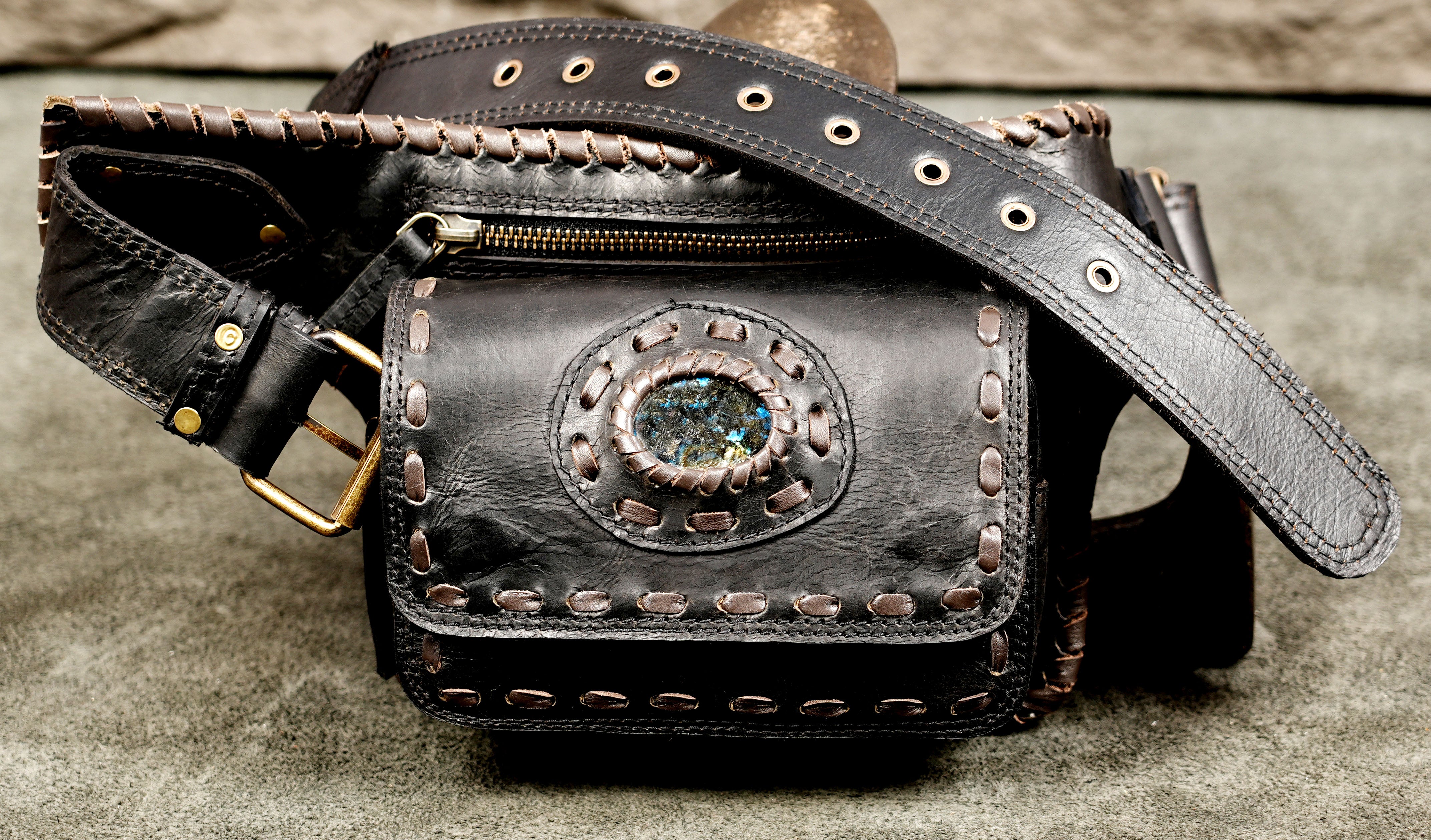 Steampunk waist belt with leather pouch