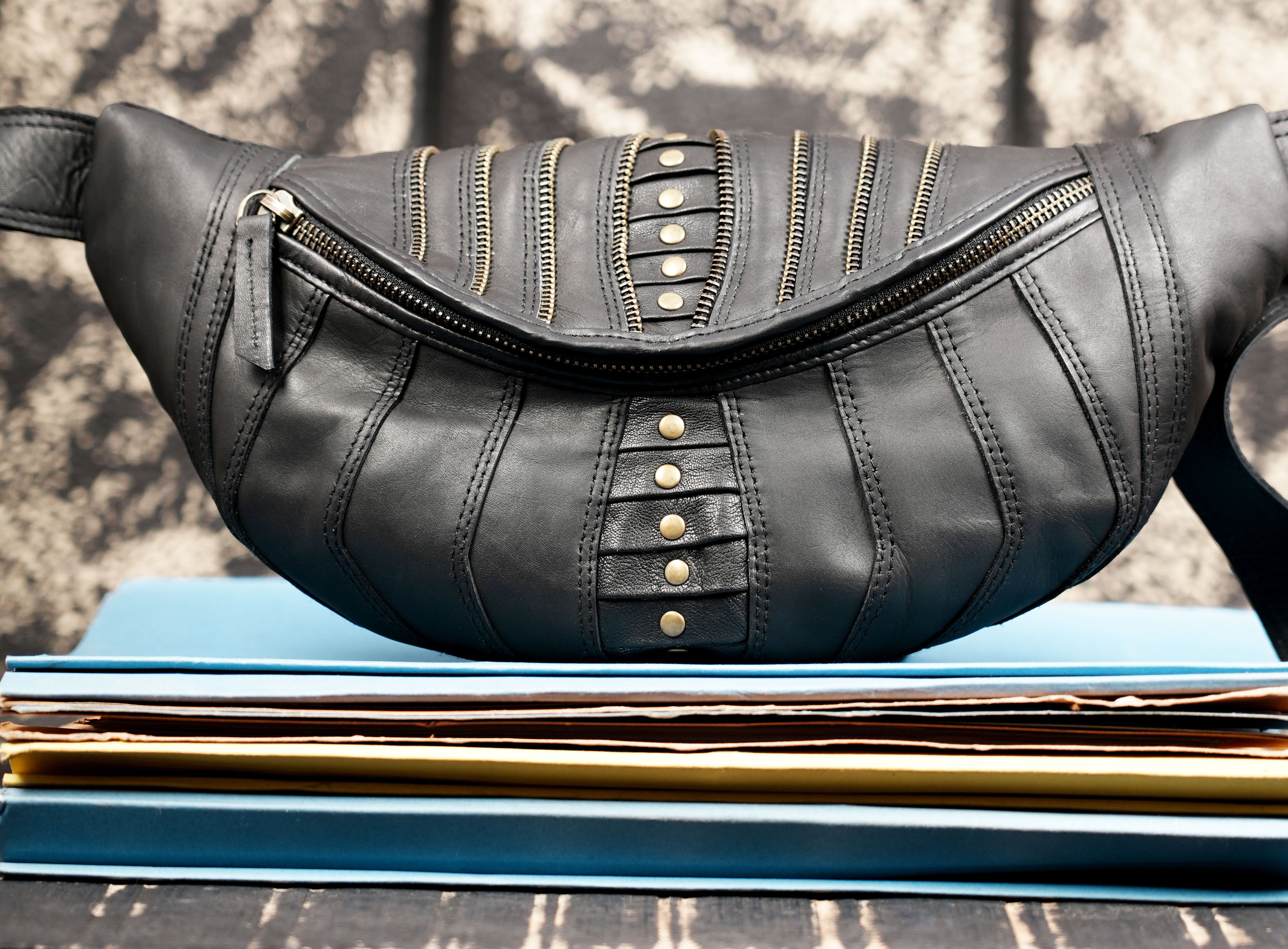 Handmade Black Leather Waist Shoulder Belt with Zipper Pouch || Leather Waist Shoulder Bag with Studded Detailing (LT/AB/SB/6011)