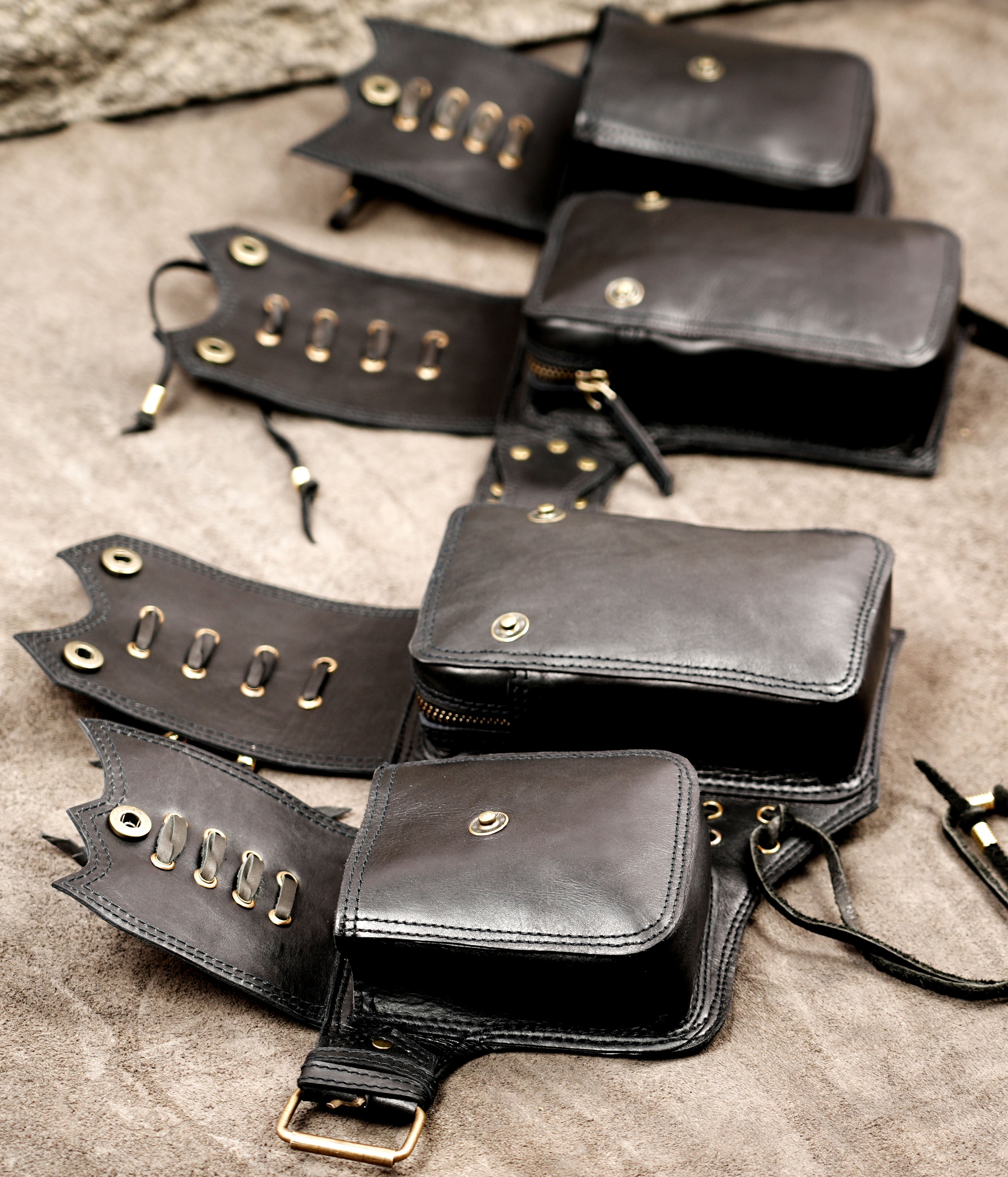 Gothic leather hip belt with four utility pouches