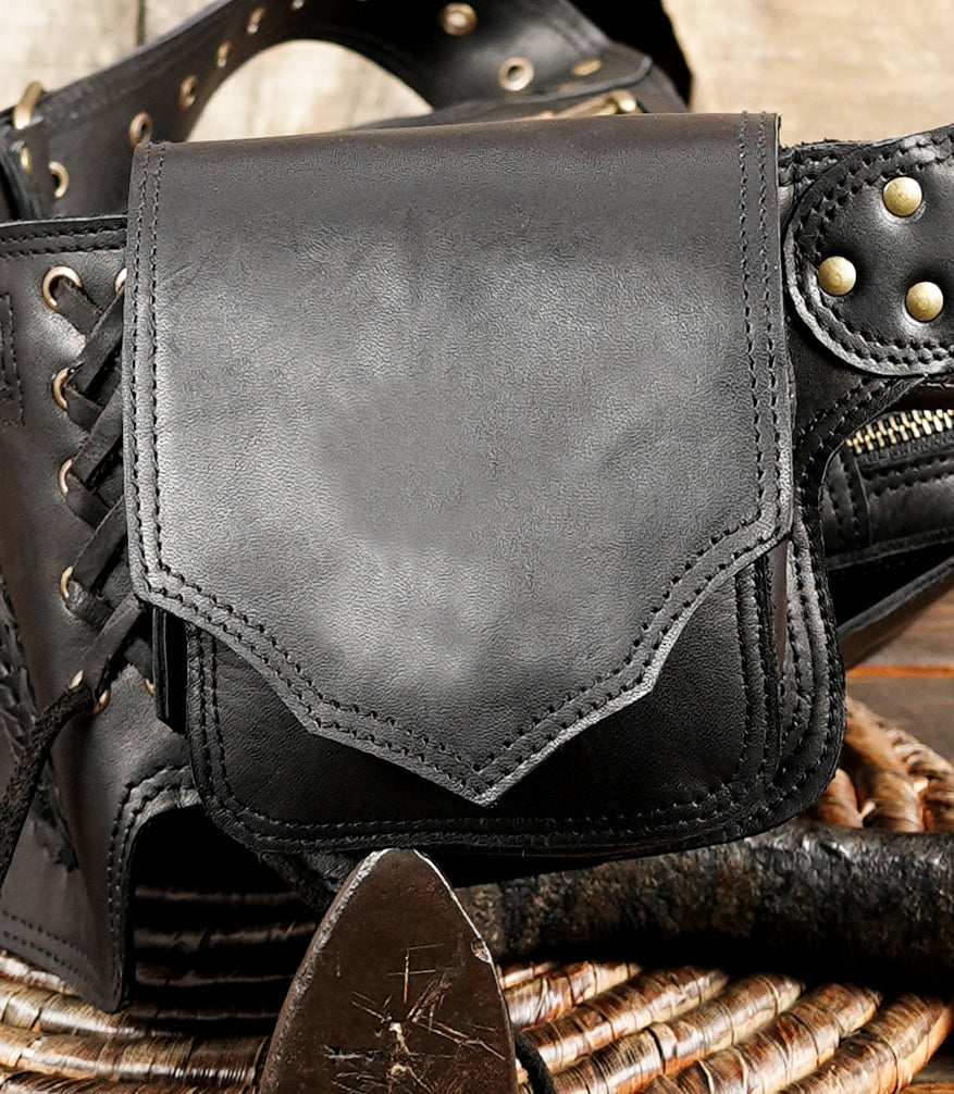 Black Leather Utility Hip Belt with Stone Accents and Brass Hardware