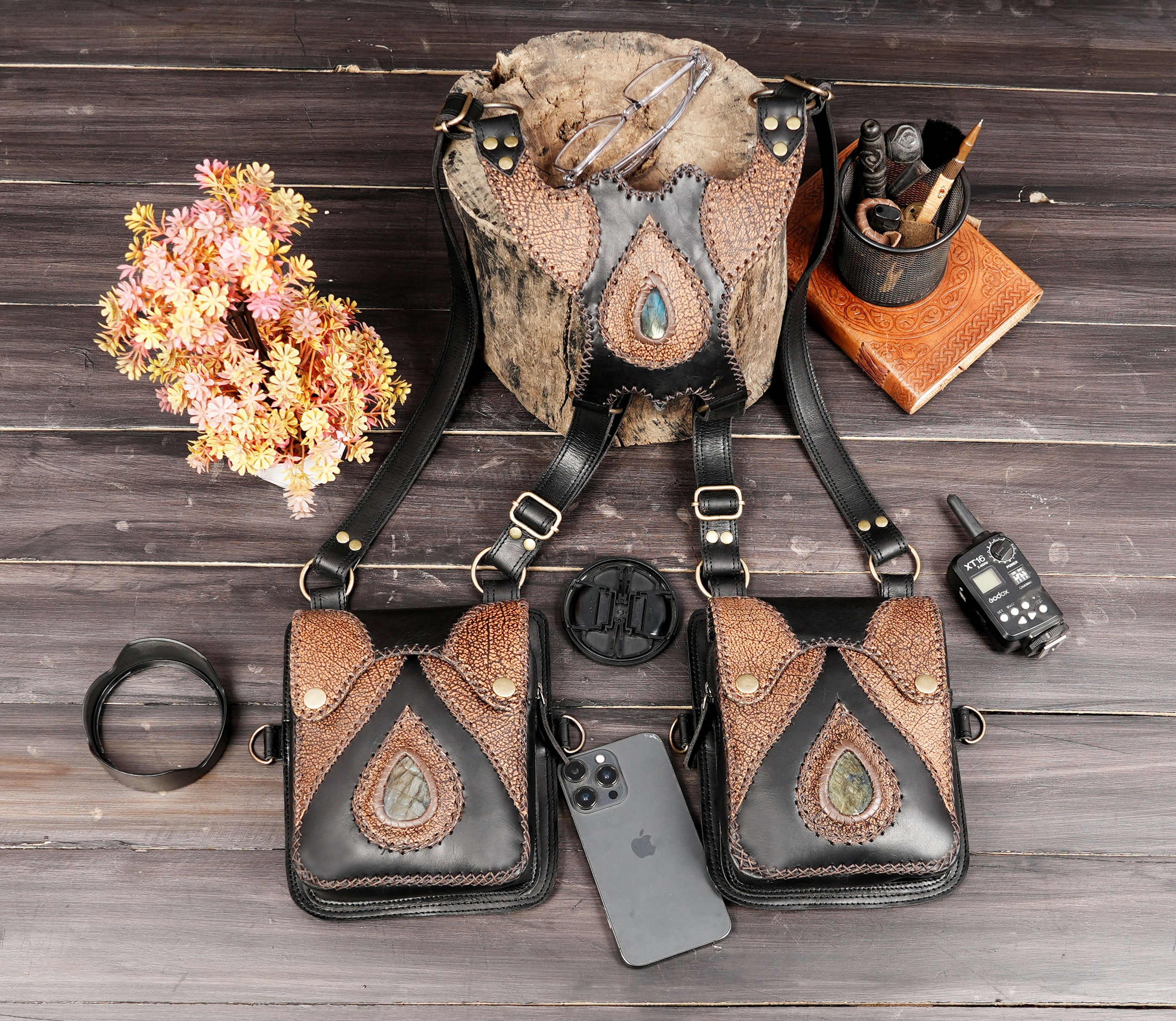 Rustic leather holster with decorative stone and strong leather straps