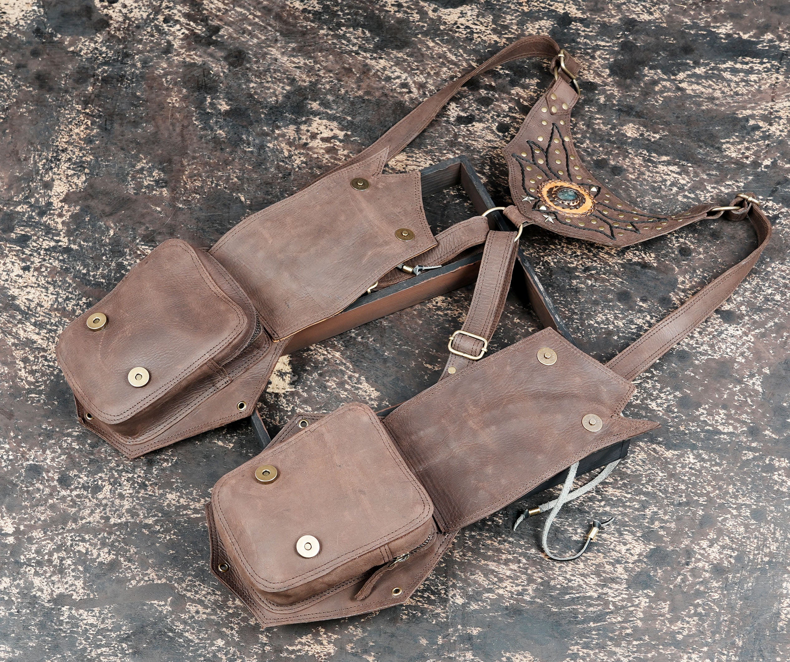 Handmade leather shoulder holster with dual pouches || Tribal leather chest rig with stud work || Travel leather utility shoulder rig (LT/AB/HLS/6060)