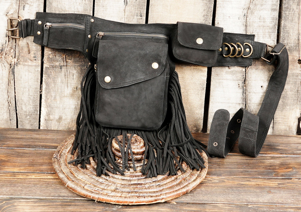 Unisex bohemian black leather belt bag