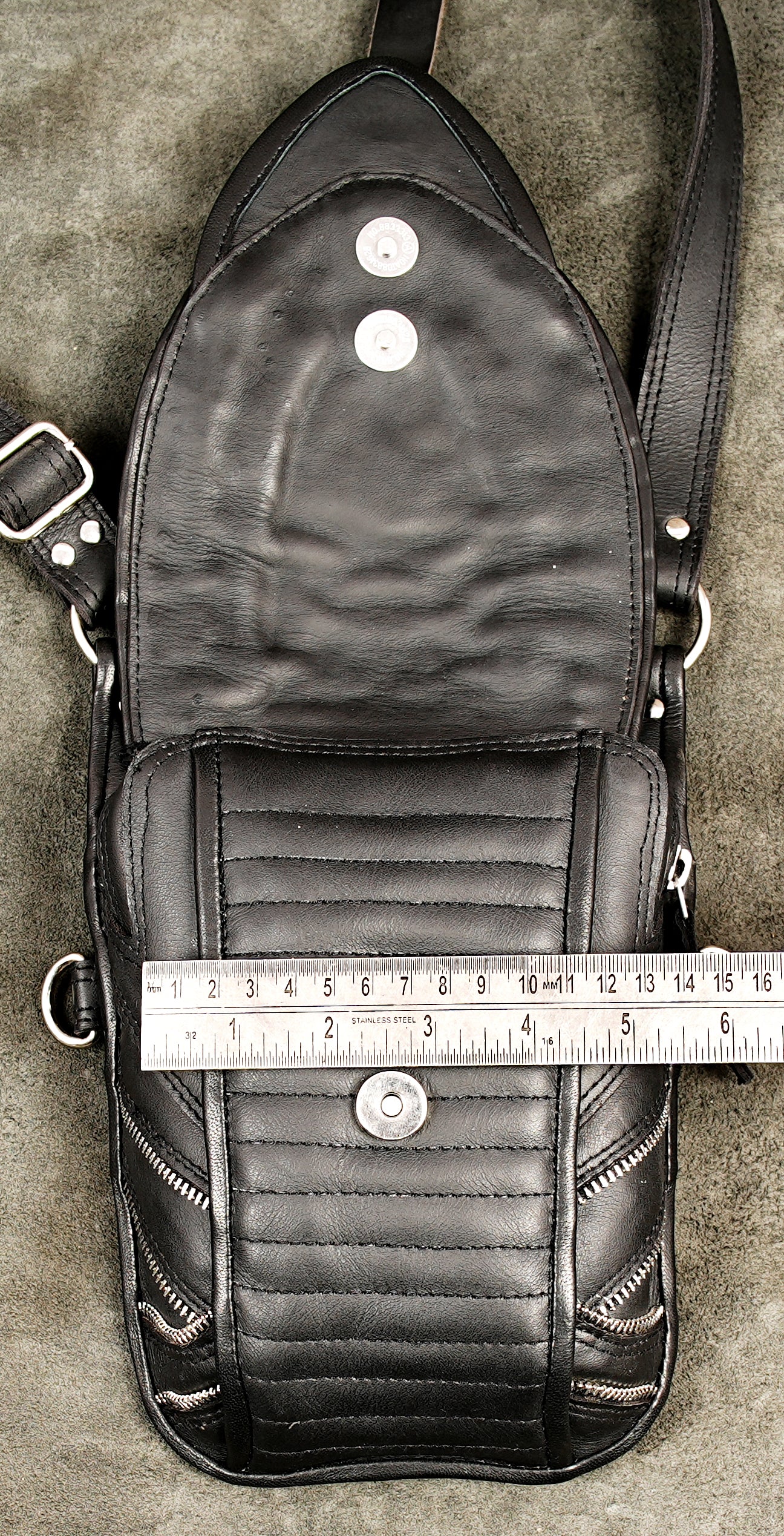 Goth punk black leather shoulder harness bag with gemstone inlay