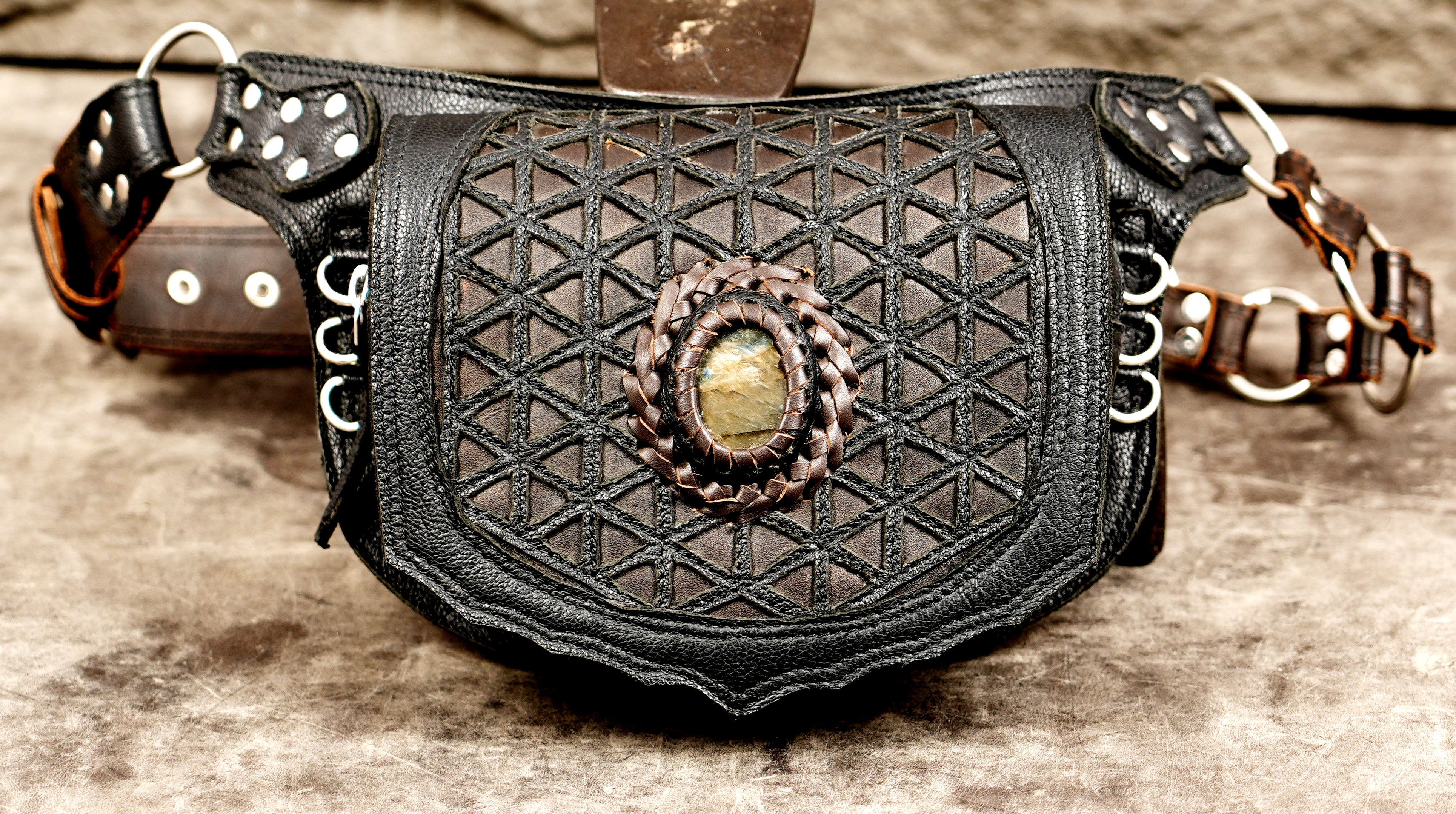 Unisex leather hip bag with labradorite crystal and handcrafted geometric leather design