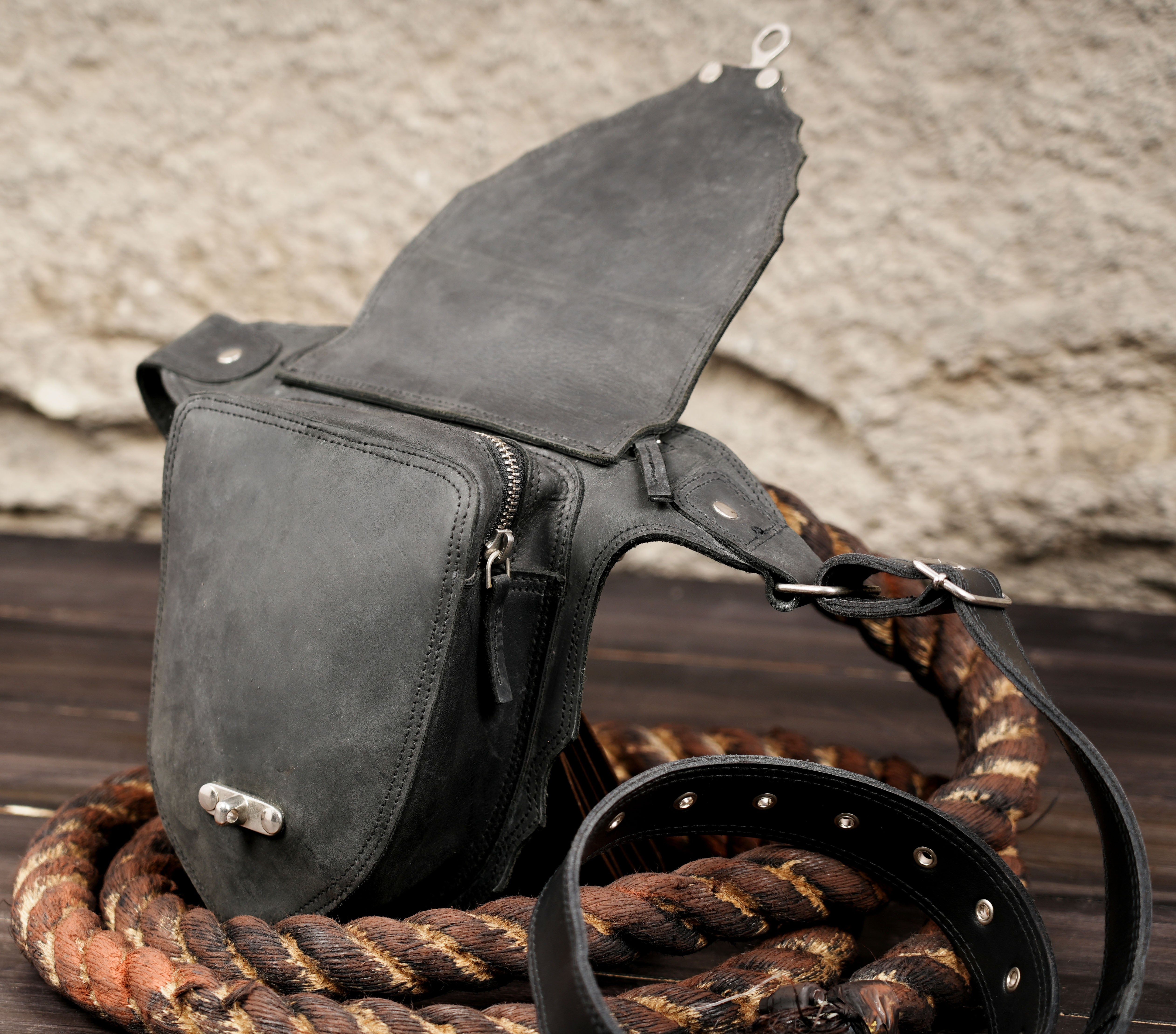 Leather hip belt with front utility pocket