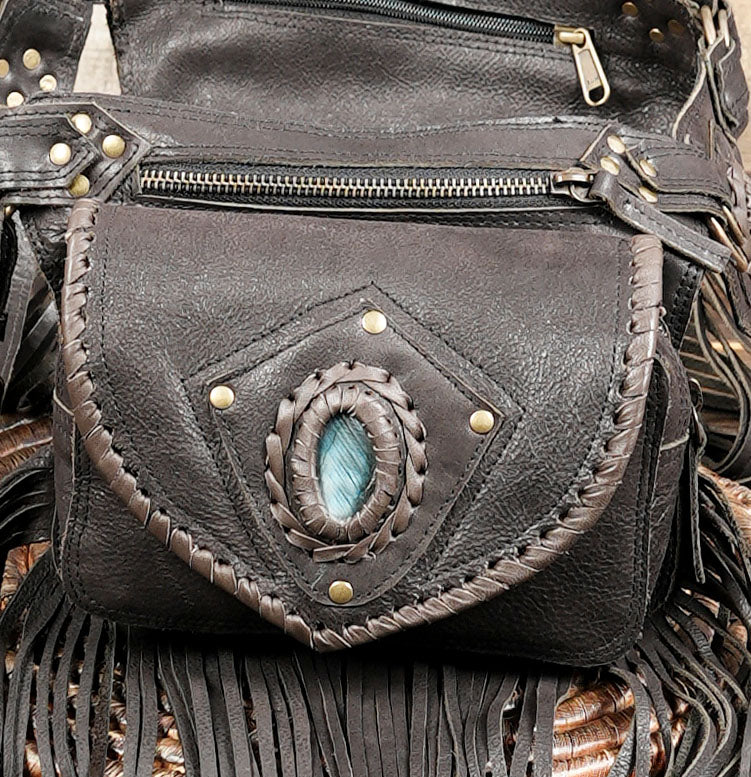 Handmade Leather Fringe Belt Bag, Black Western Waist Belt, Boho Hip Pouch, Stone Accent, Festival Wear