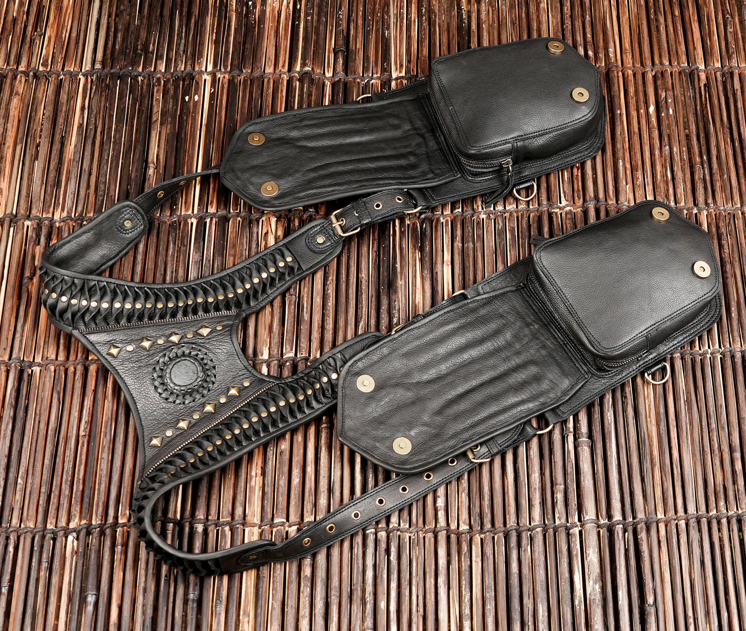 Handmade Black Leather Shoulder Holster Harness with Dual Utility Pouches | Adjustable Chest Rig | Gothic Steampunk Leather Holster (LT/AB/HLS/6053)