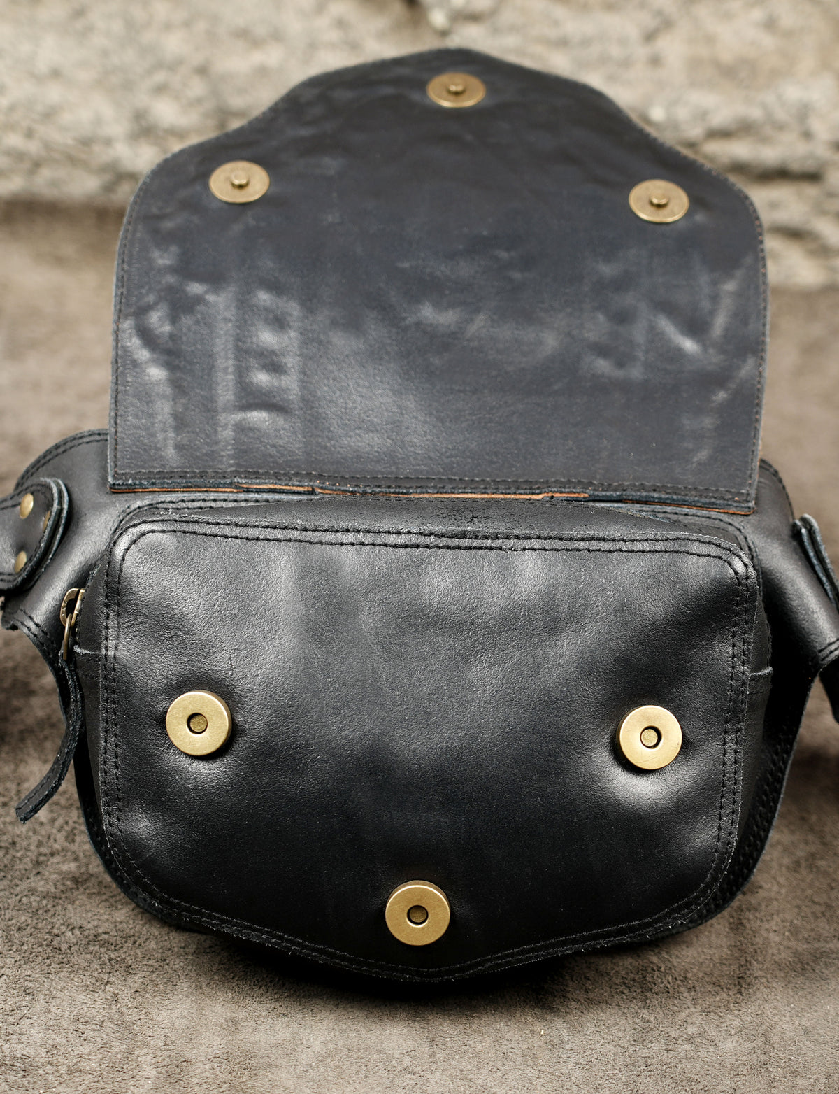Leather crossbody waist bag with antique brass buckle