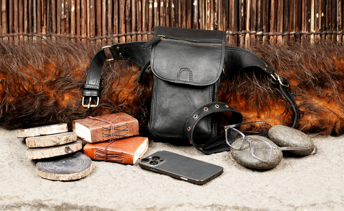 Black Leather Utility Belt Bag Crossbody Waist Pouch Festival Hip Pack Unisex