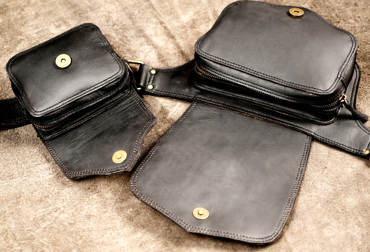 Alternative fashion black leather waist belt with bags