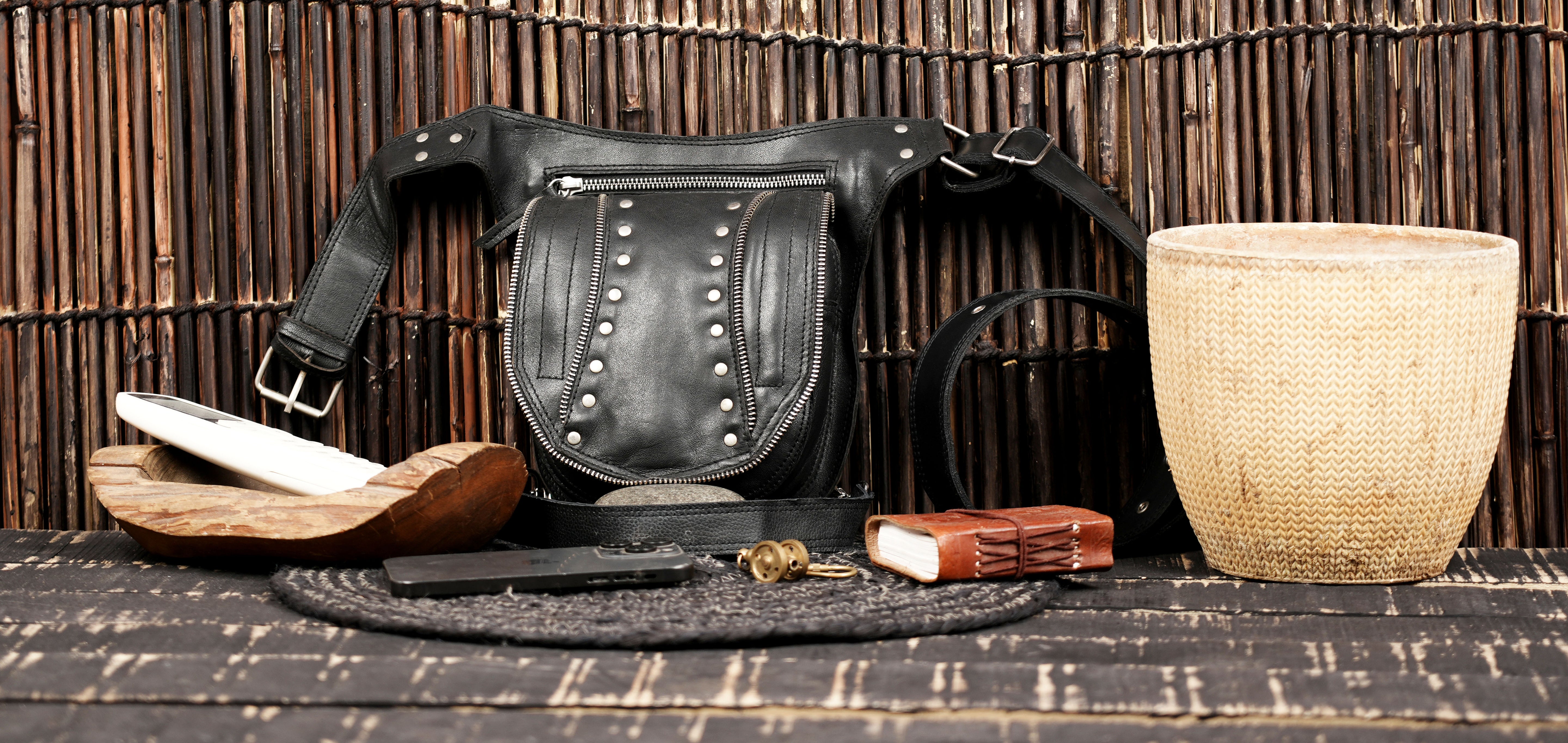 Black leather waist thigh belt with zipper pouch || Unisex leather waist thigh belt with front pouch (LT/NS/WBTS/6005)