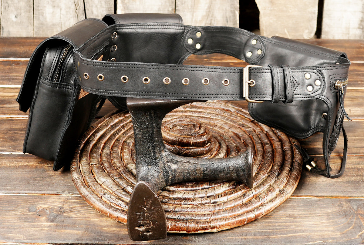 Black Leather Utility Hip Belt with Stone Accents and Brass Hardware