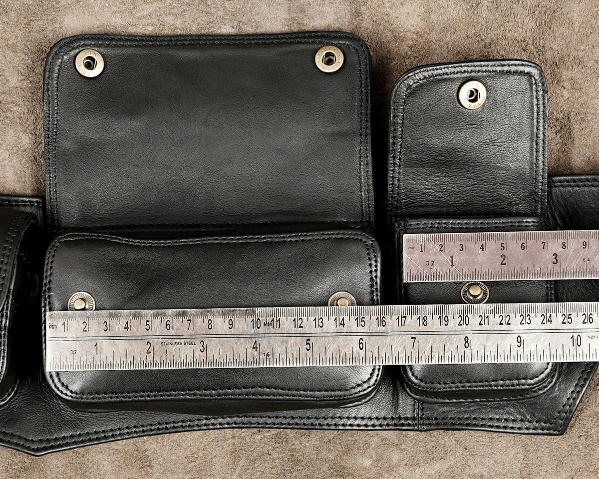 Unisex black leather cargo belt with snap-button pouches