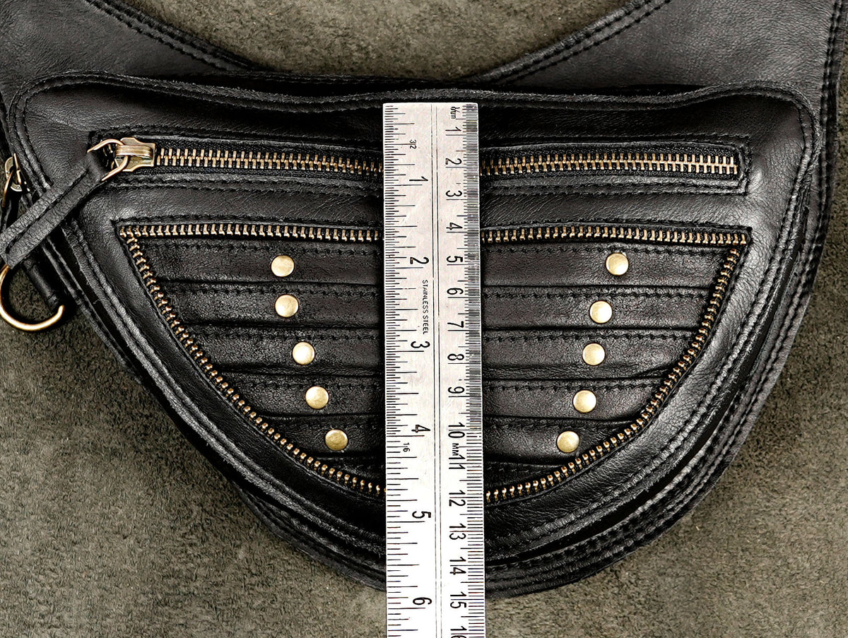 Black leather steampunk harness bag with antique brass hardware