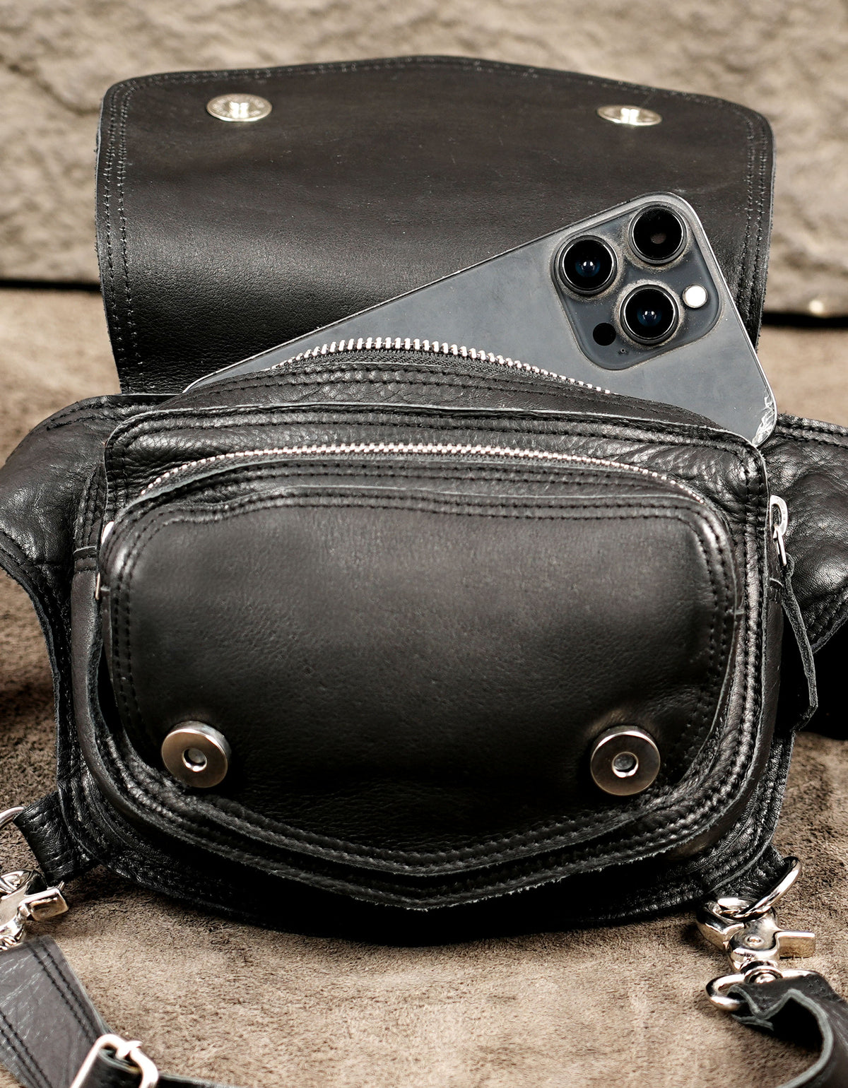 Practical leather drop leg fanny pack combining rugged aesthetics with secure storage