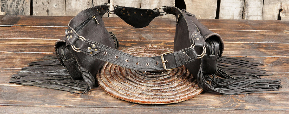 Handmade Leather Fringe Belt Bag, Black Western Waist Belt, Boho Hip Pouch, Stone Accent, Festival Wear