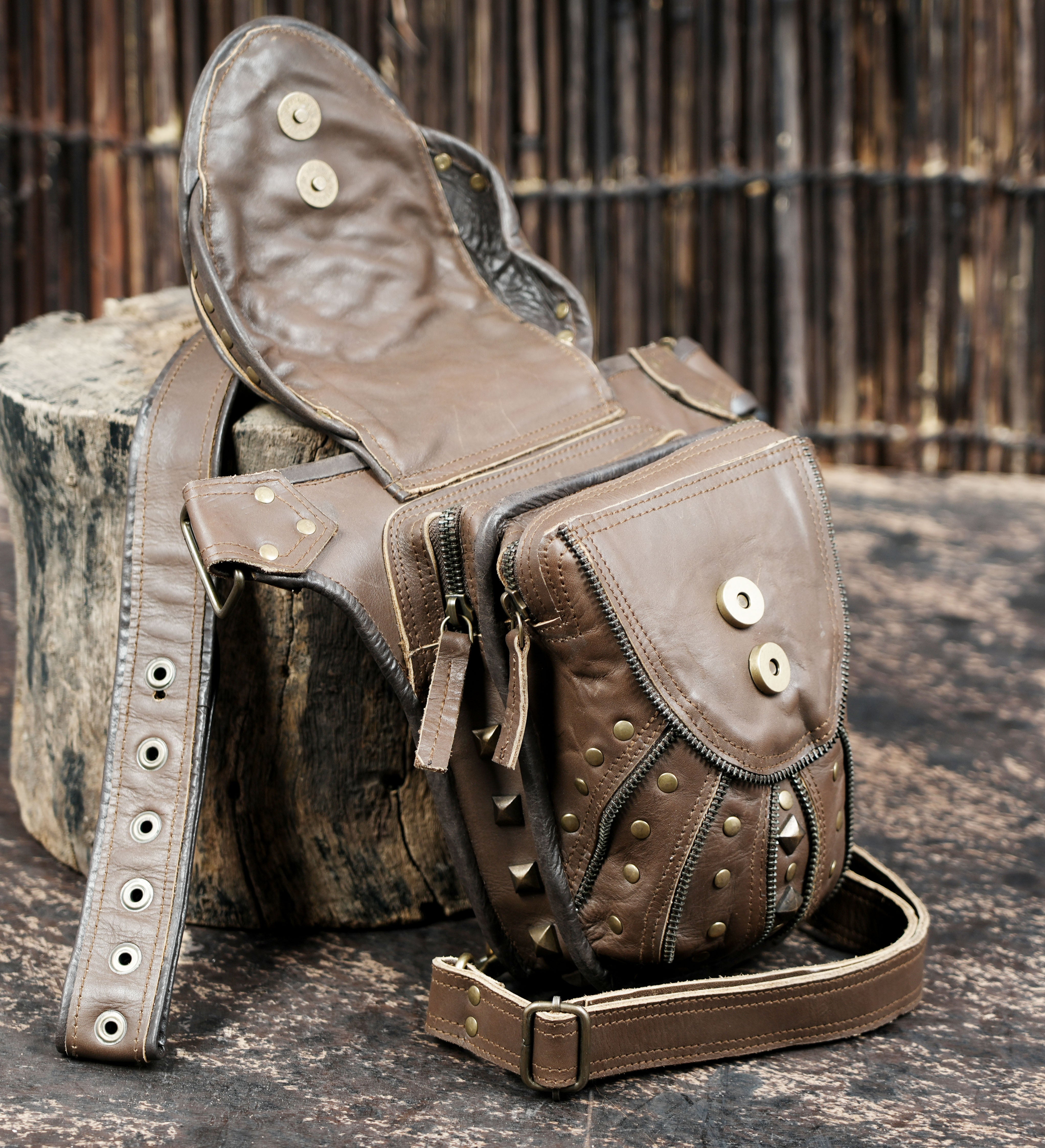 Handmade leather waist thigh belt with rivet design